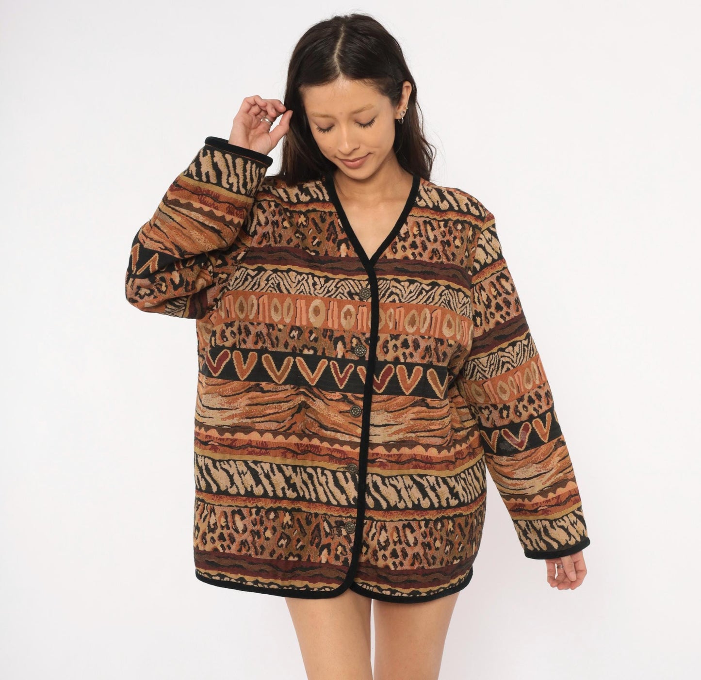 Y2K Stonebridge Tapestry Jacket Animal Print Woven Cotton Tan Brown Extra Large