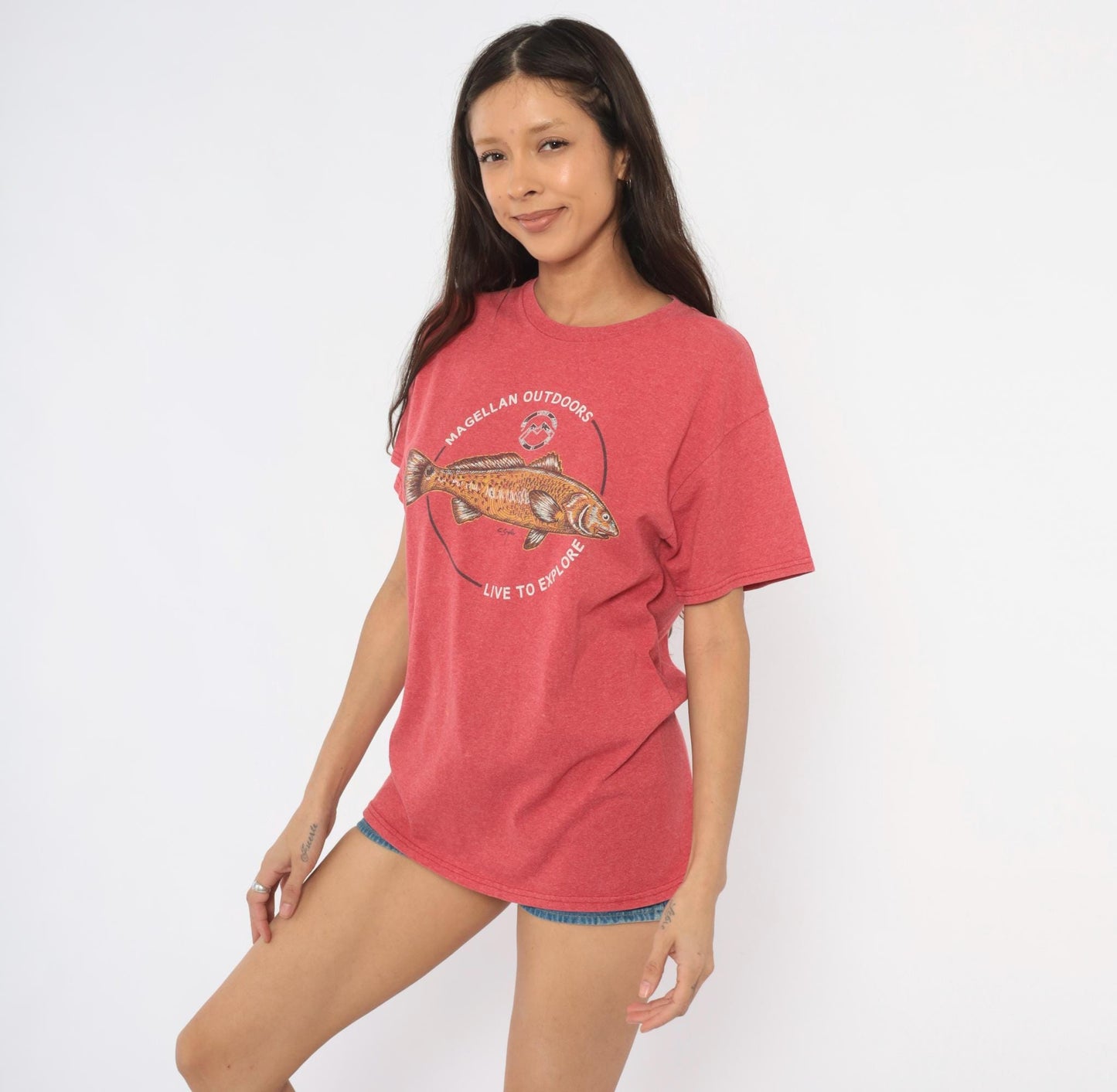 Y2K Magellan Outdoors Fish Graphic Tee Coral Cotton Crew Neck Medium