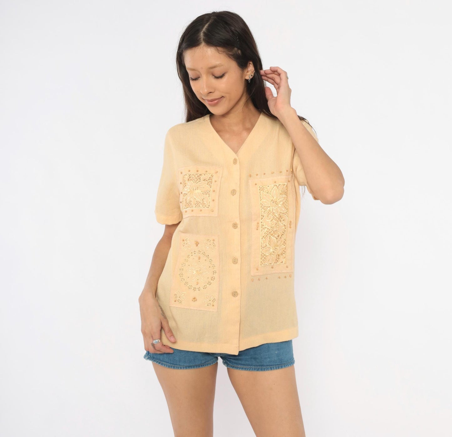 80s Alfred Dunner Cutwork Lace Blouse Cream Floral Embroidered Petite Small