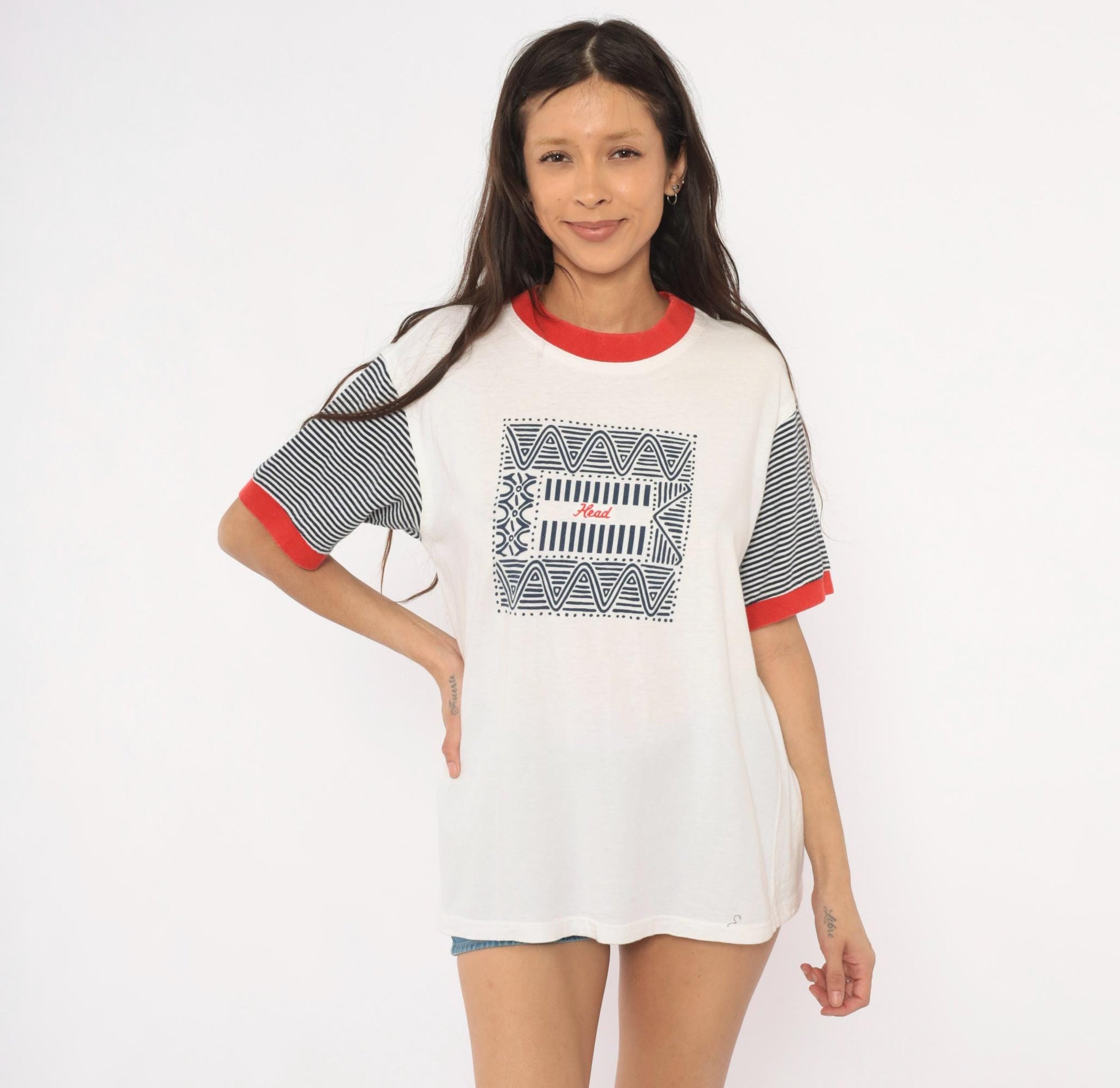 90s Head Sportswear Ringer Tee Geometric Print White Navy Red Striped Large L