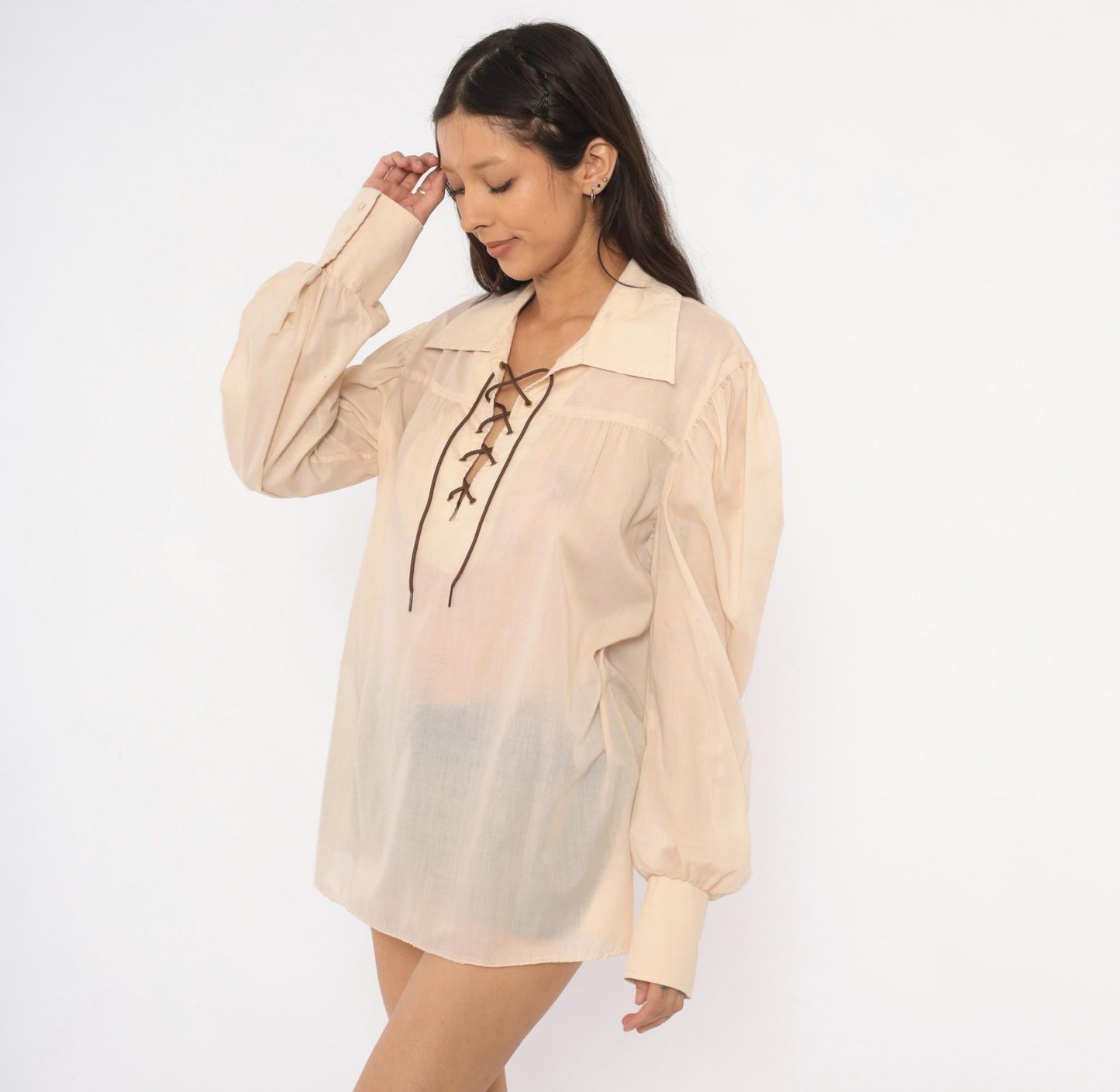 70s Budget Uniforms Cream Lace-Up Peasant Blouse Balloon Sleeve Pointed Collar Medium