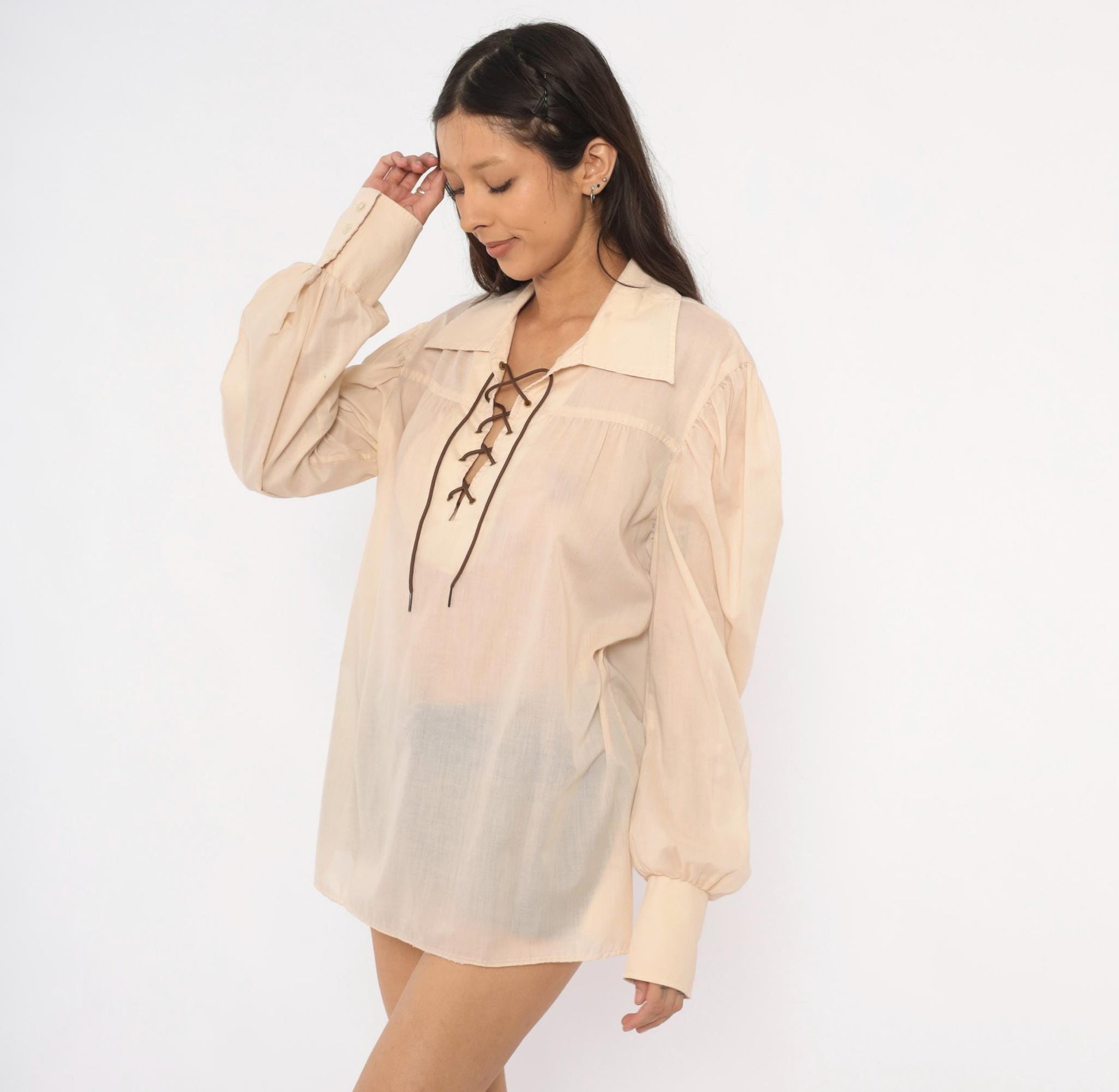 70s Budget Uniforms Cream Lace-Up Peasant Blouse Balloon Sleeve Pointed Collar Medium