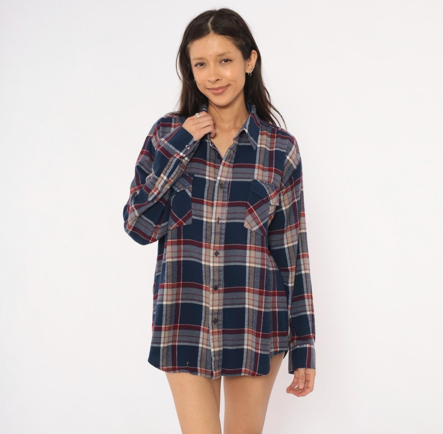 80s B.S.R. Navy Burgundy Plaid Flannel Shirt Point Collar Large L