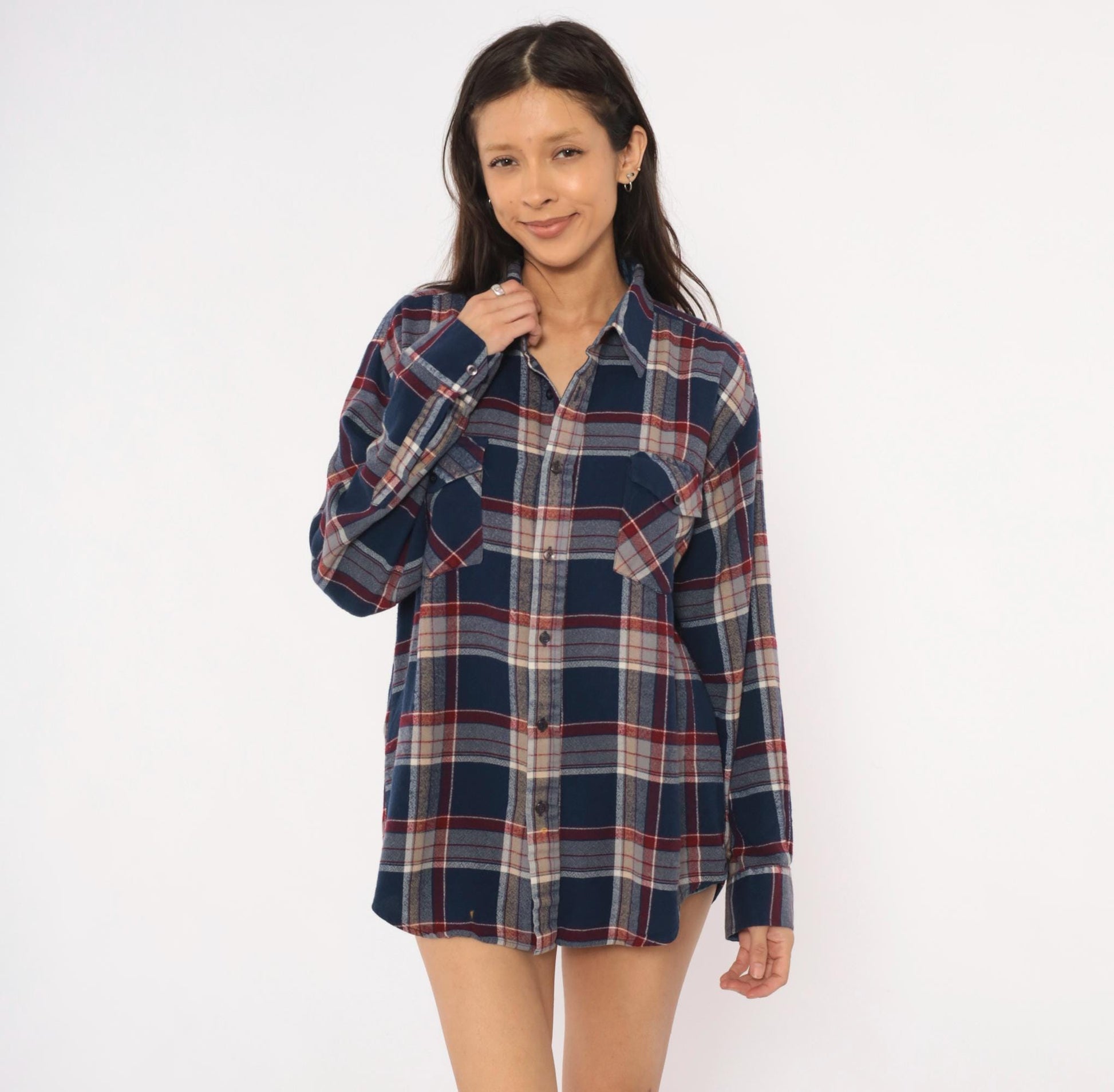 80s B.S.R. Navy Burgundy Plaid Flannel Shirt Point Collar Large L