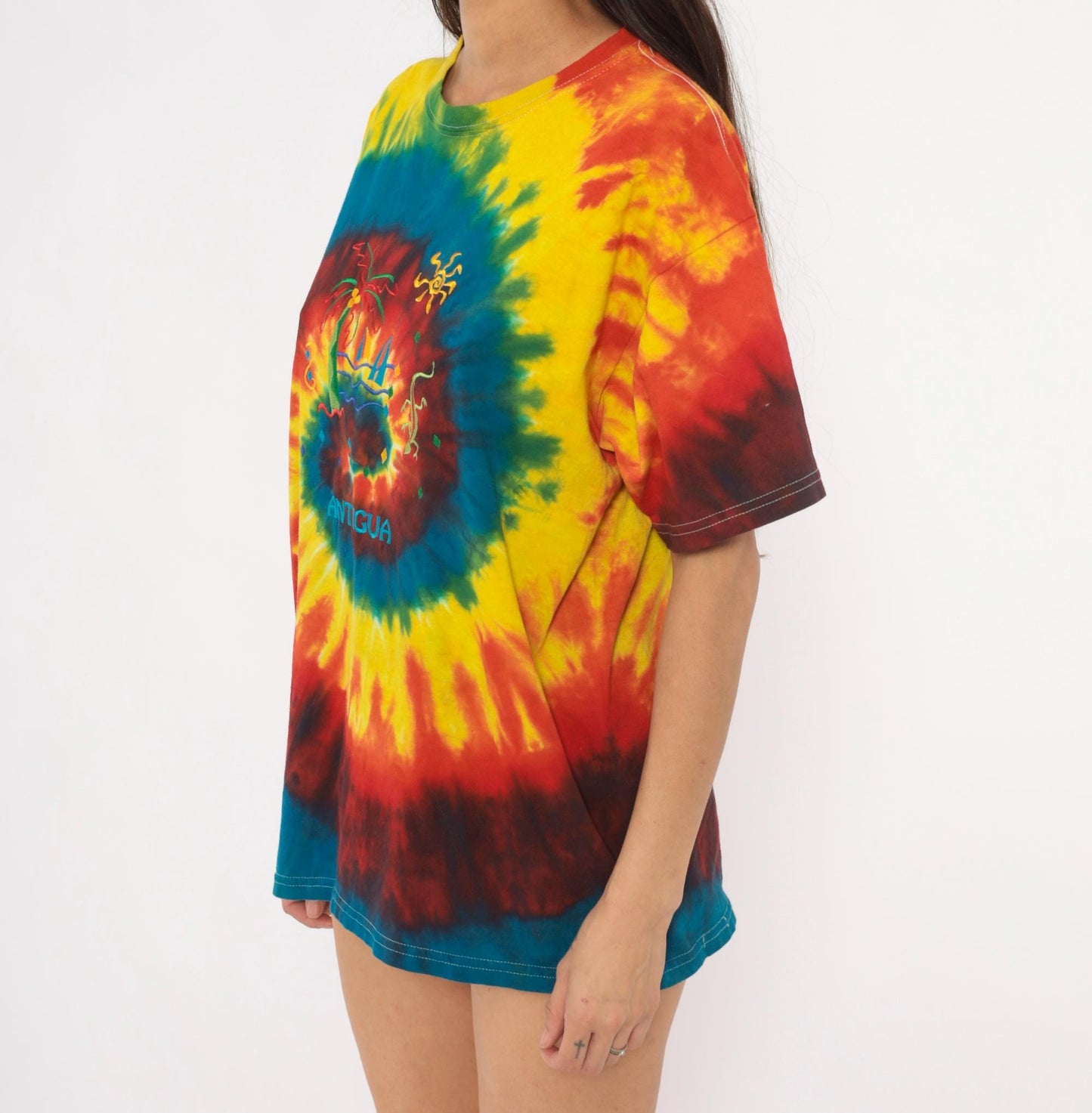 2000s Anvil Tie Dye Antigua Embroidered Tropical Tee Large L
