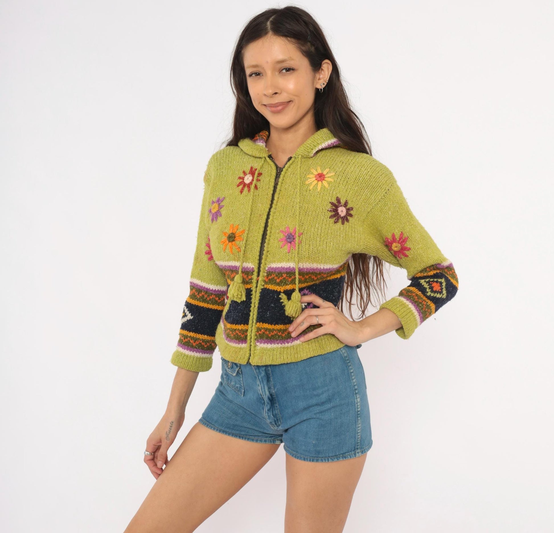 2000s Olive Wool Cropped Hooded Zip Sweater Embroidered Floral Knit XXS