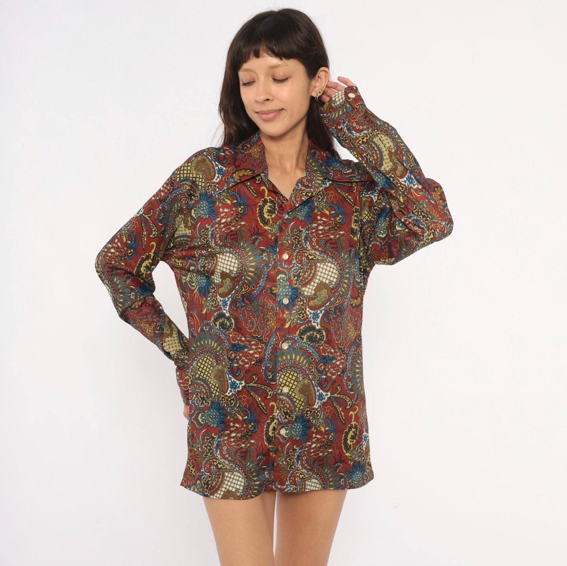 70s Perre La Grande Paisley Button Front Shirt Burgundy Blue Gold Medium