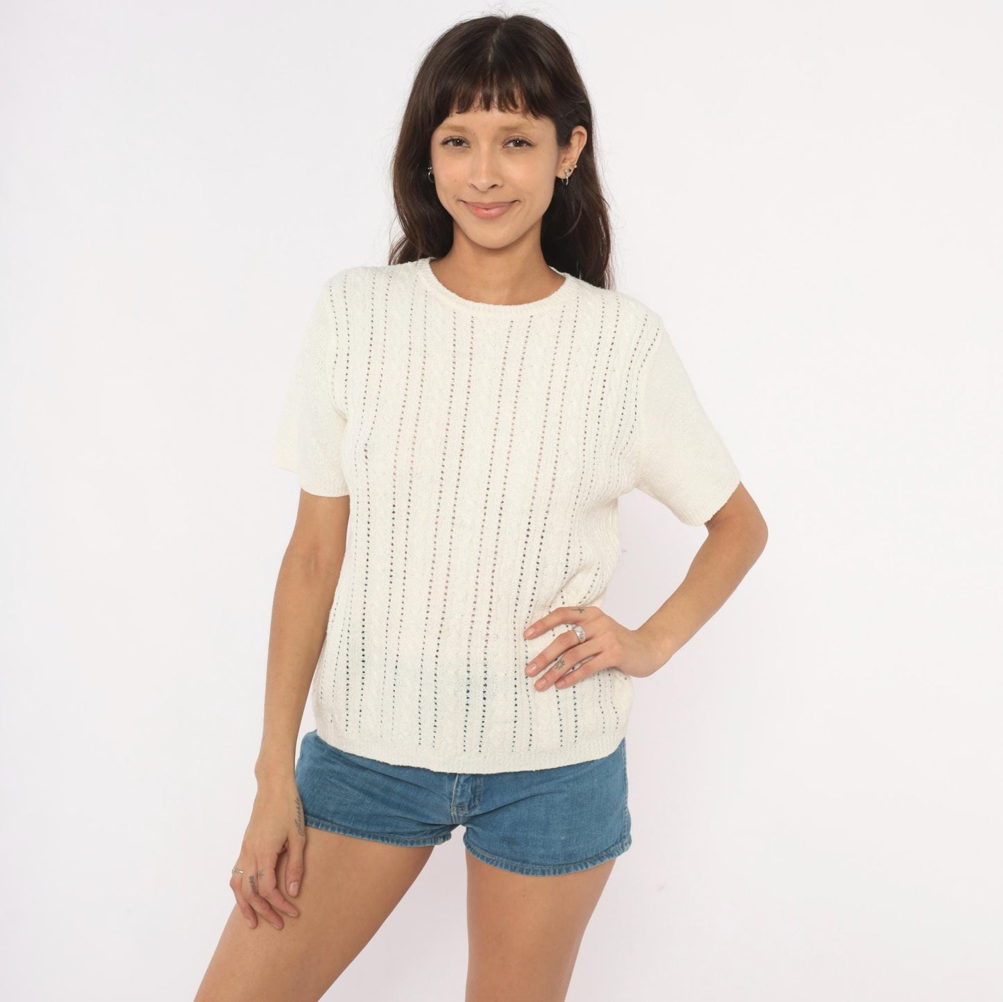 80s Pointelle Cable Knit Pullover Cream Short Sleeve Scoop Neck Large L