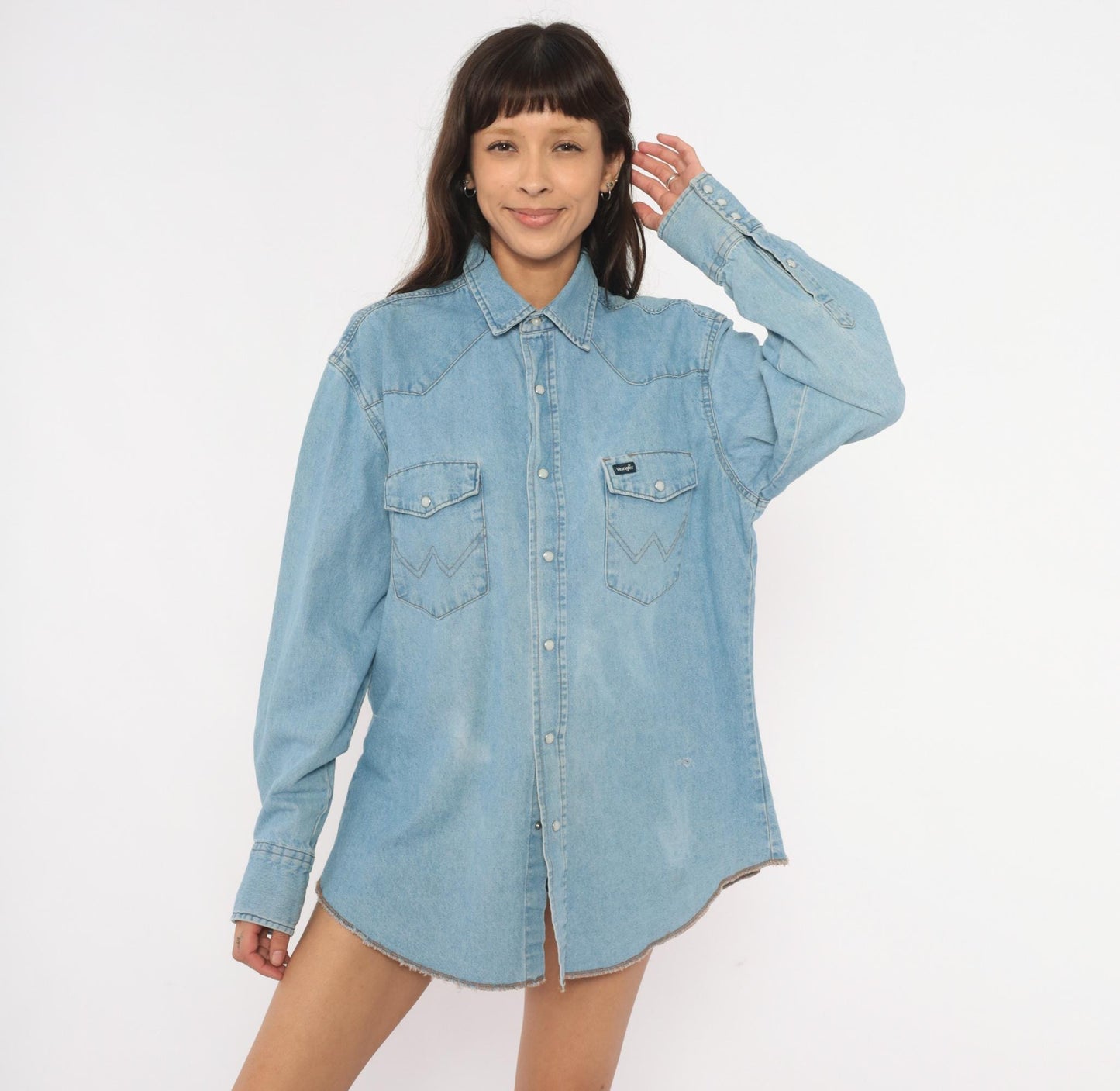 90s Wrangler Western Denim Shirt Pearl Snap Light Blue Cotton Large L