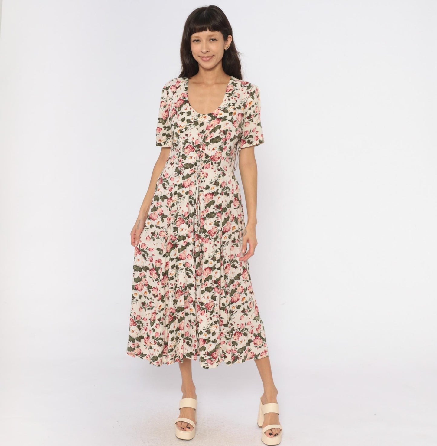90s Jamie Brooke Midi Dress Cream Floral Tie Front Puff Sleeve Medium M