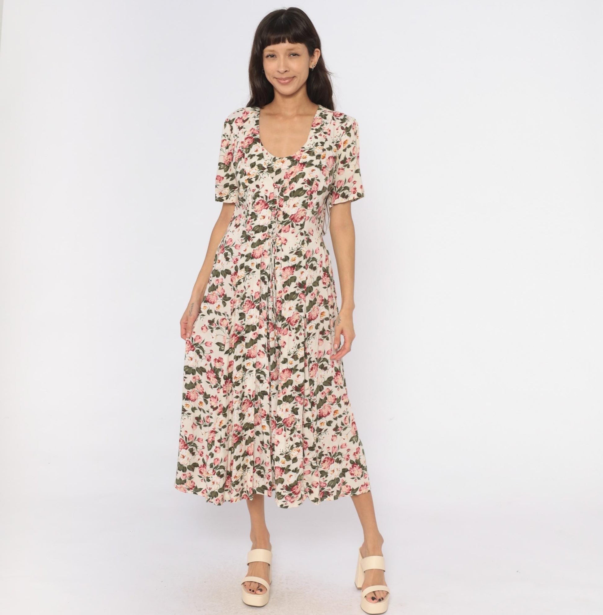 90s Jamie Brooke Midi Dress Cream Floral Tie Front Puff Sleeve Medium M