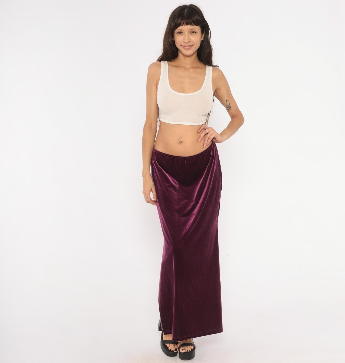 2000s Exact Change Plum Velvet Maxi Skirt A-Line Ankle Slit Extra Large XL