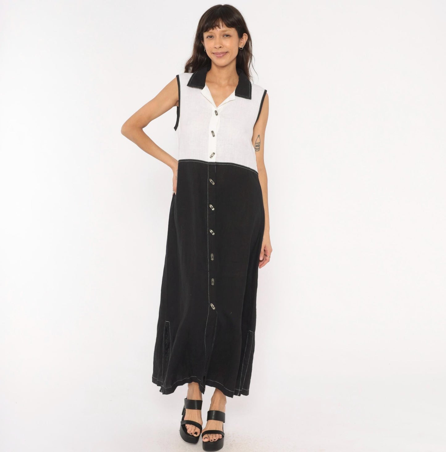 90s Nannette Keller Color Block Maxi Dress Black White Linen Cotton Medium M