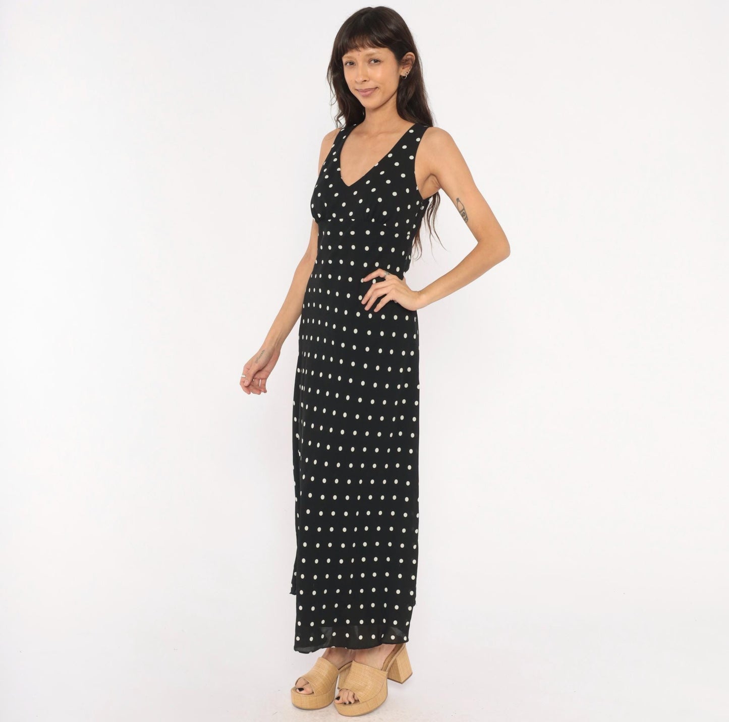 90s Alyn Paige Polka Dot Maxi Dress Black White V Neck Empire Waist Medium M