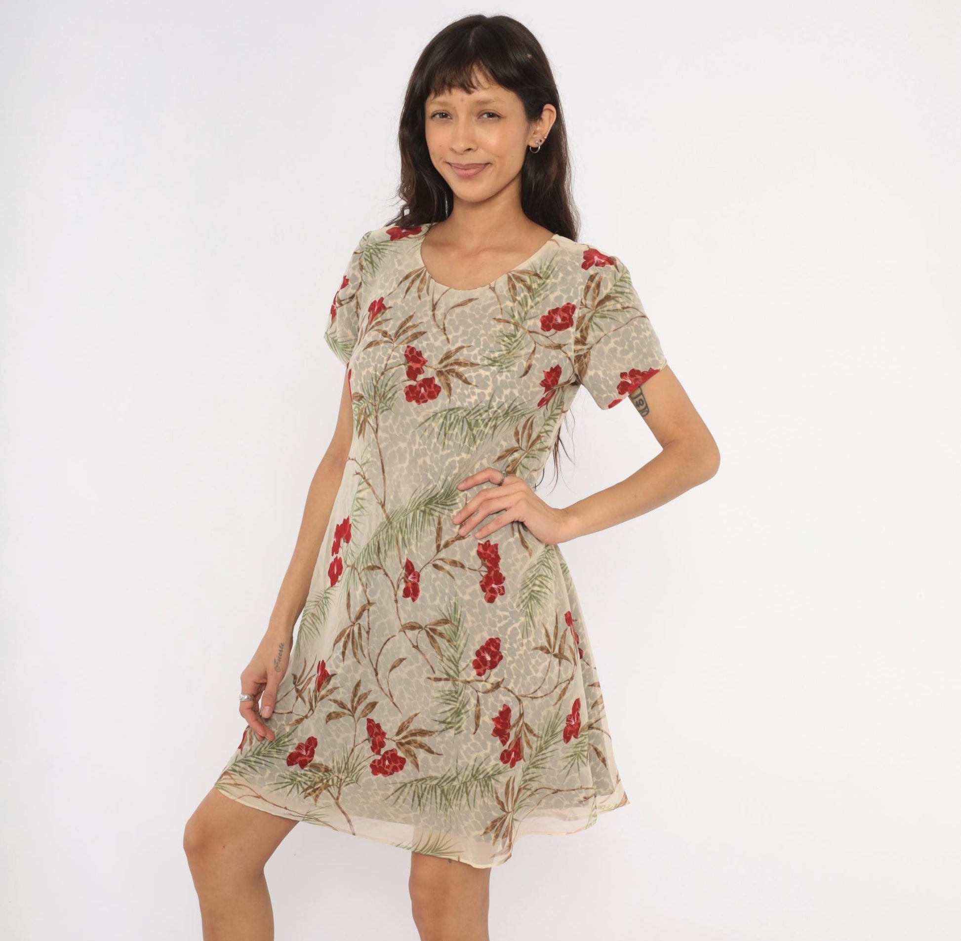 90s Jessica Howard Leopard Floral A-Line Dress Tan Tropical Print Medium M