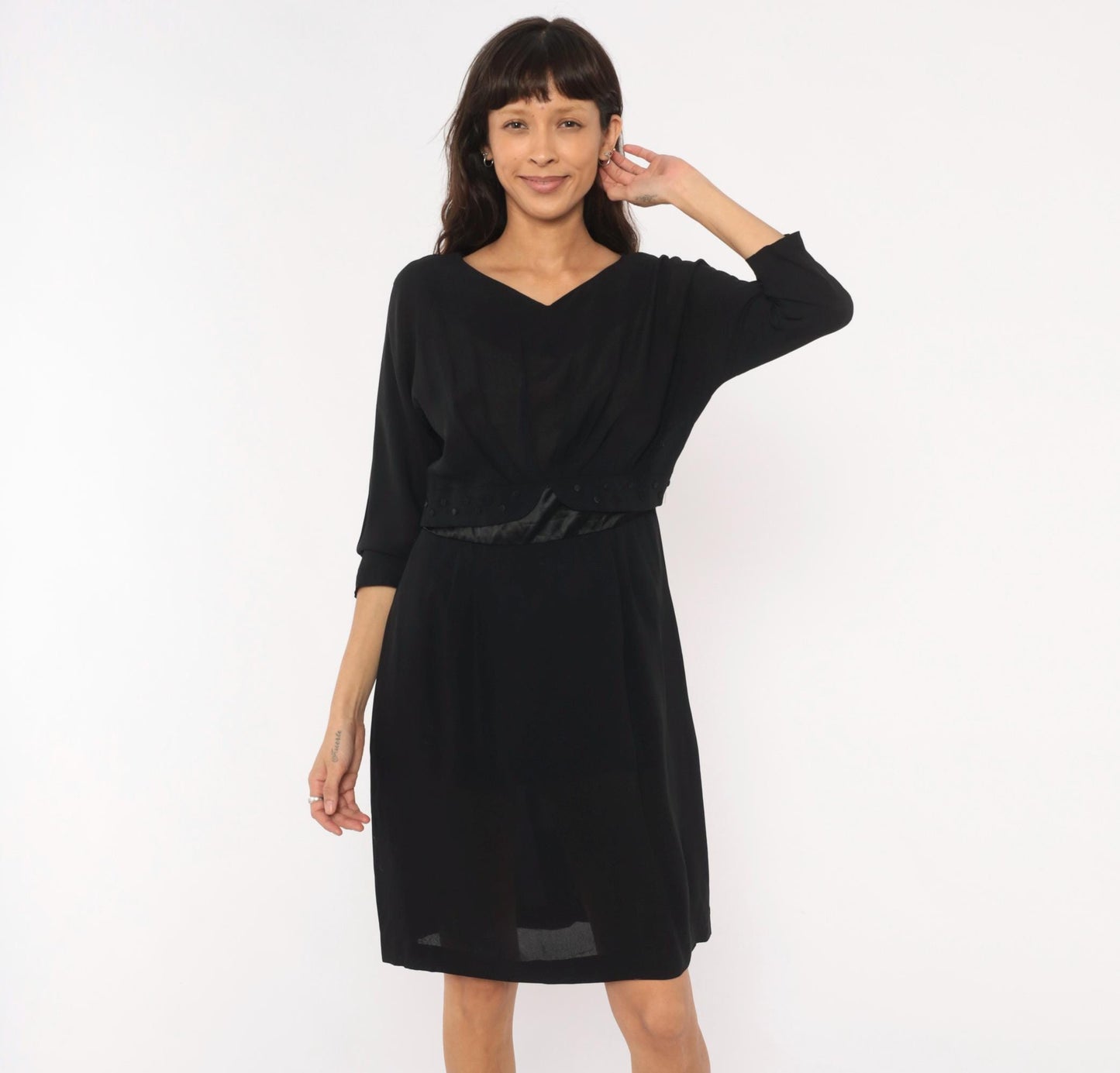 1950s Town Tempo Originals Black Cocktail Dress V-Neck Twist Front Medium M