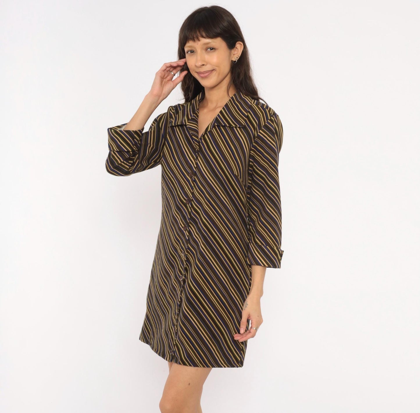 Y2K Selene Sport Striped Shirt Dress Olive Navy Gold Mini Medium M