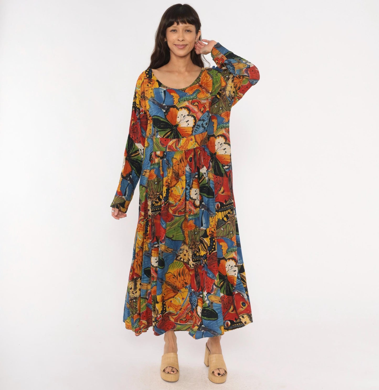 90s We Bebop Butterfly Maxi Dress Empire Waist Long Sleeve Multicolor Extra Large XXL