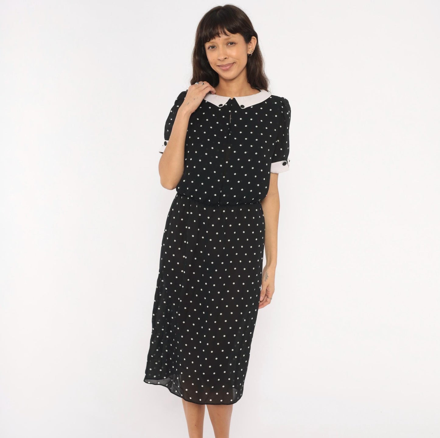 90s Farouche Black White Polka Dot Midi Dress Peter Pan Collar Small