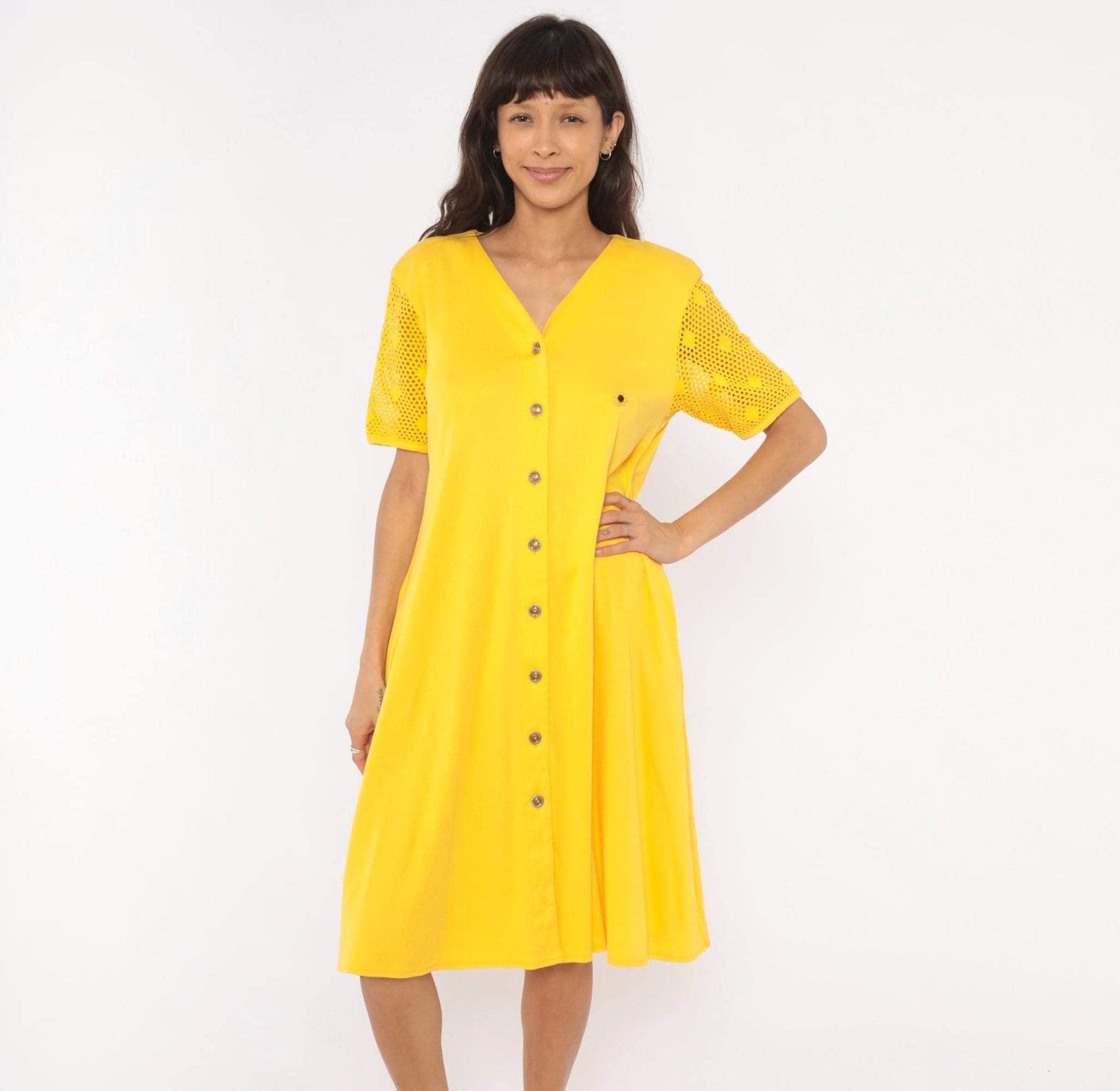 90s Leisure Living Sunflower Embroidered Dress Yellow Cotton Mesh Sleeve Small