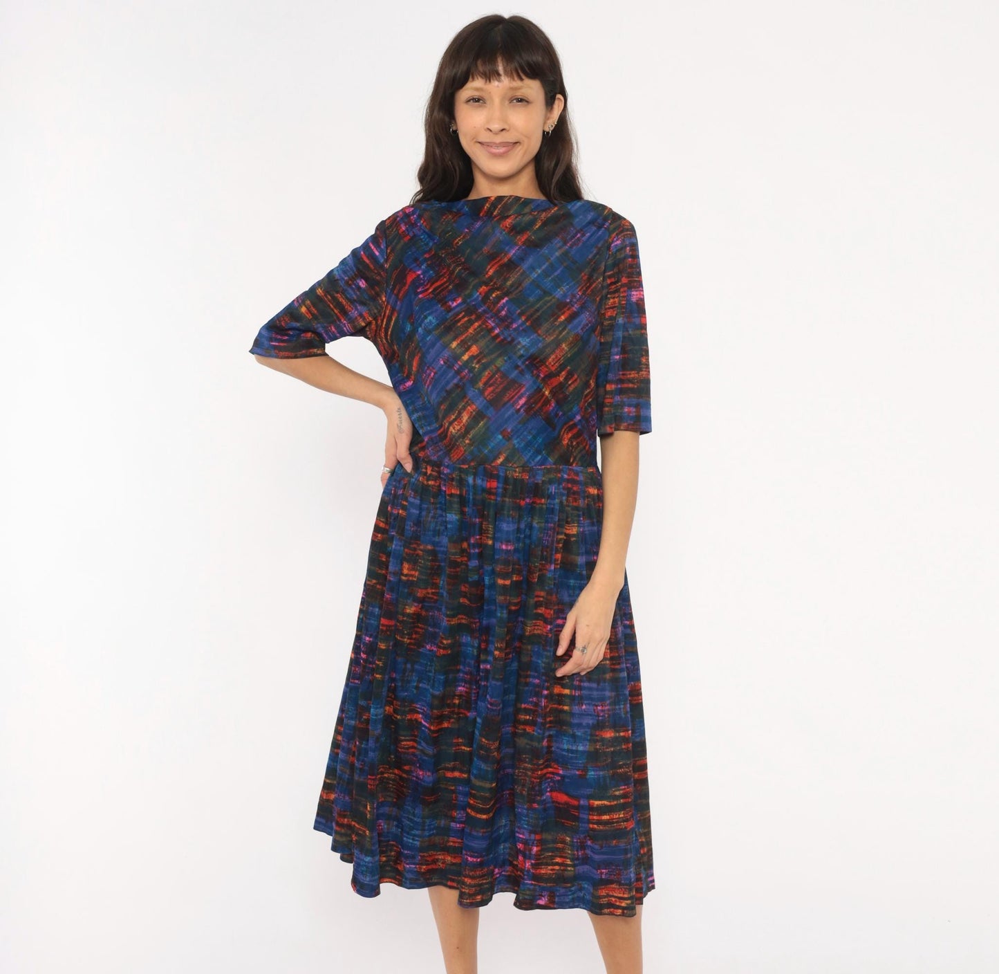 1960s L'Aiglon Cobalt Orange Plaid Dress Boat Neck Pleated Midi Large