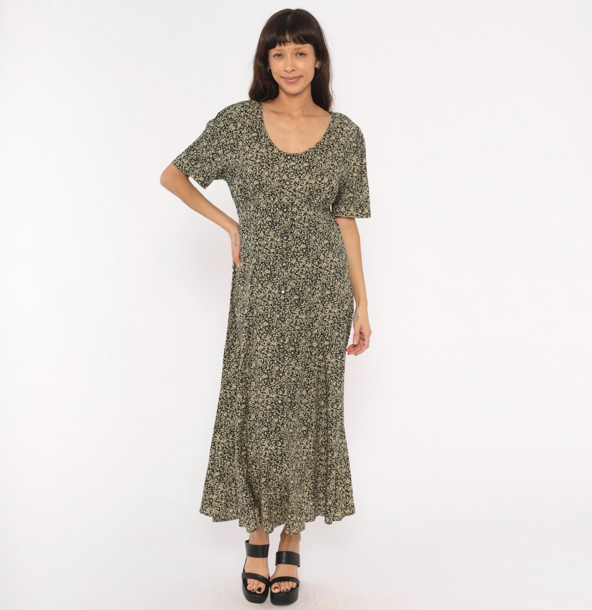 90s All That Jazz Floral Maxi Dress Black Cream Rose Button Front Medium