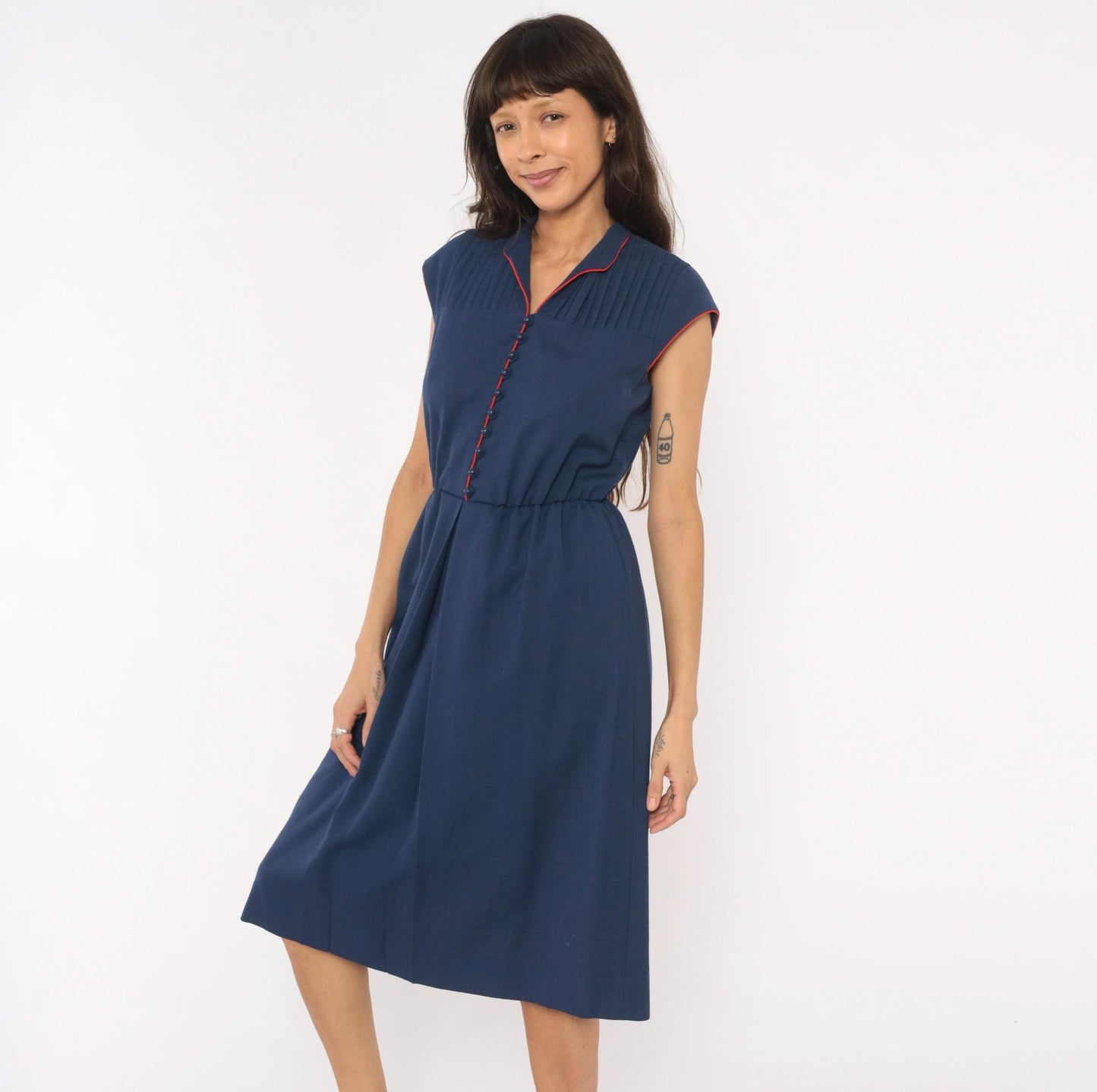 80s Leslie Fay Navy Pintuck Shirtdress Red Piping V-Neck Knee-Length Small Medium