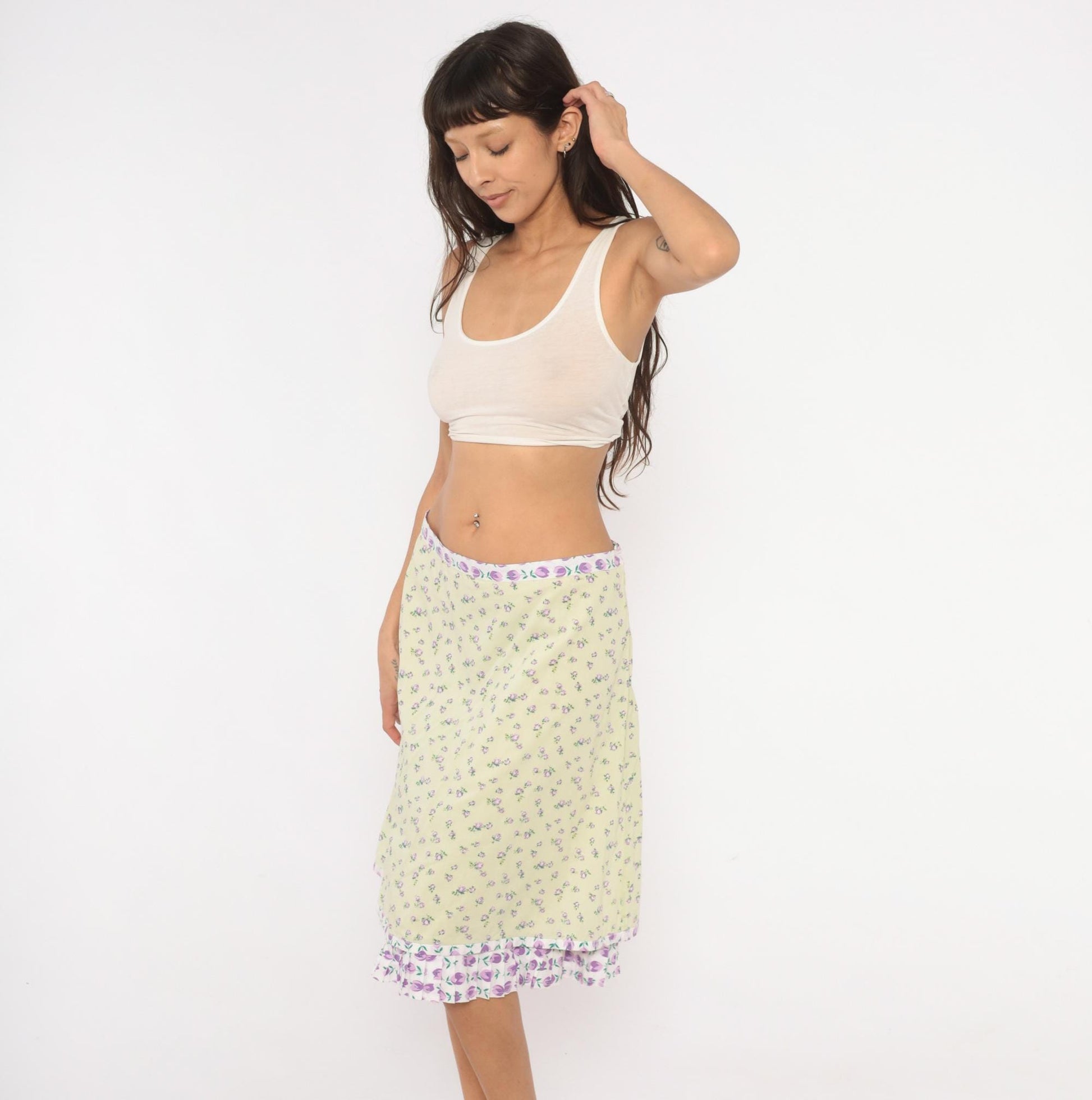 2000s Snak Floral A-Line Skirt Pale Green Purple Rose Print Knee-Length Medium M
