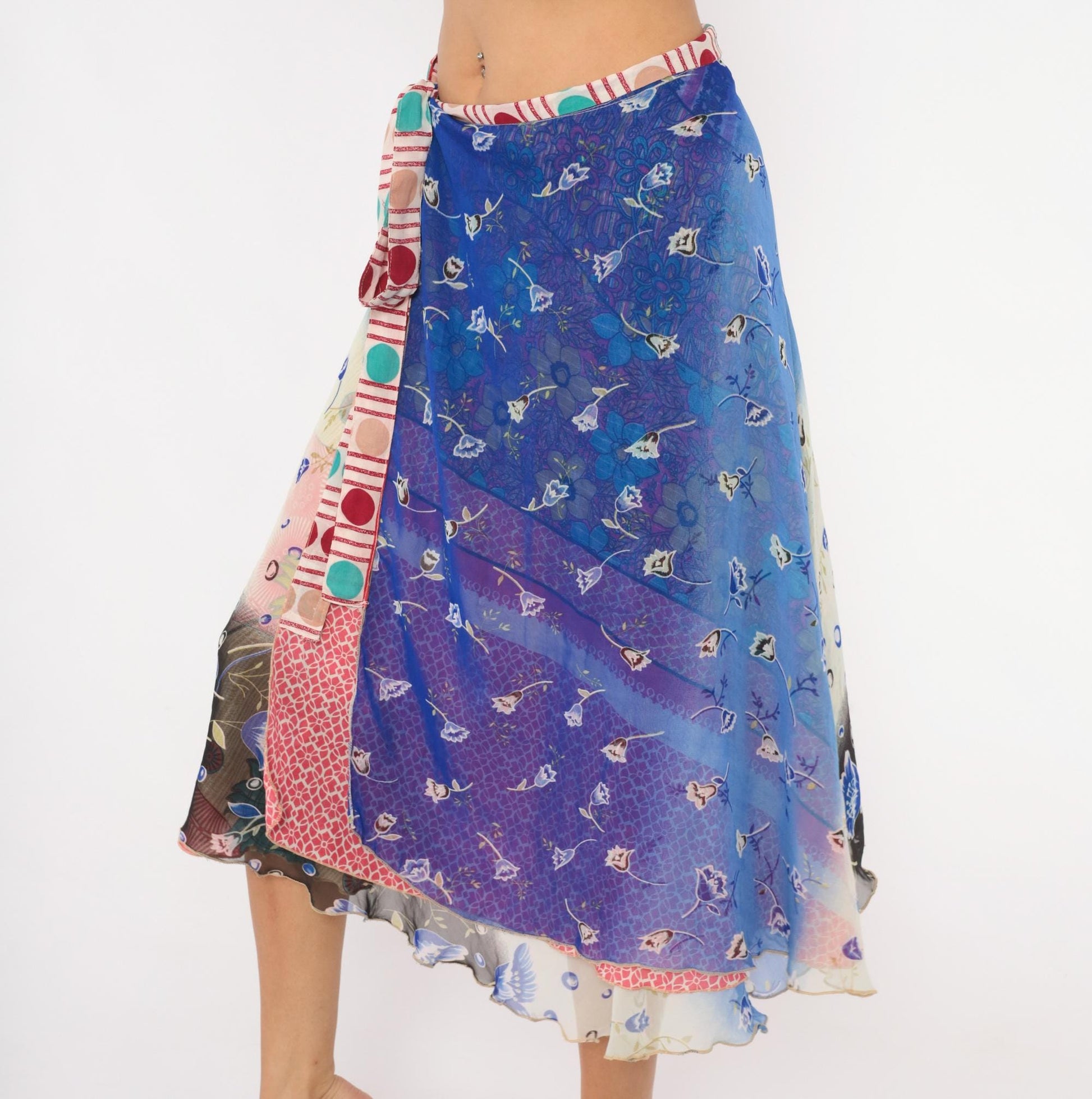 Y2K Kariza Reversible Wrap Midi Skirt Floral Patchwork Blue Pink Medium Large
