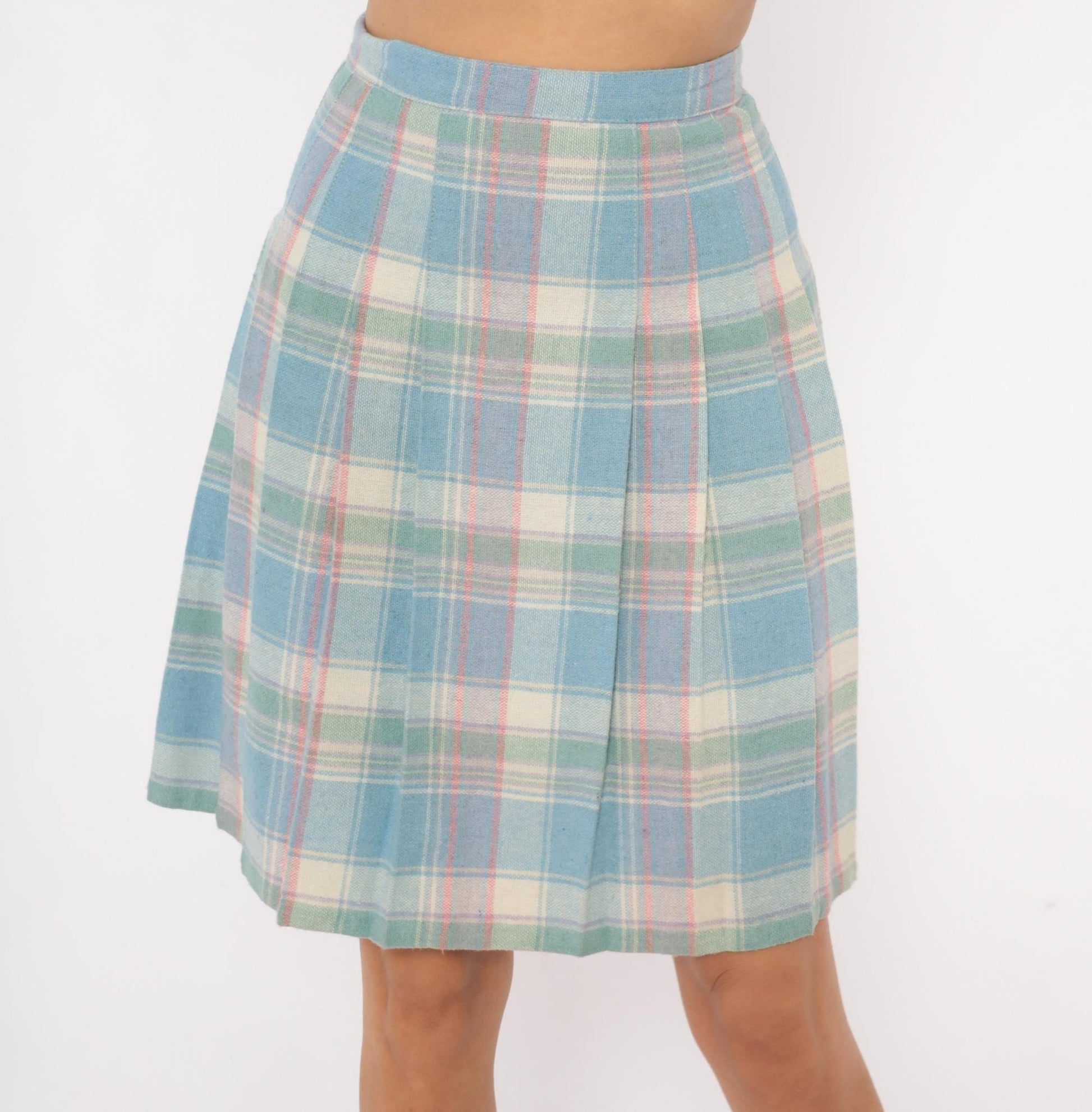 90s Pastel Plaid Pleated Skirt Wool Blend Blue Pink Green Tartan Knee-Length Extra Small