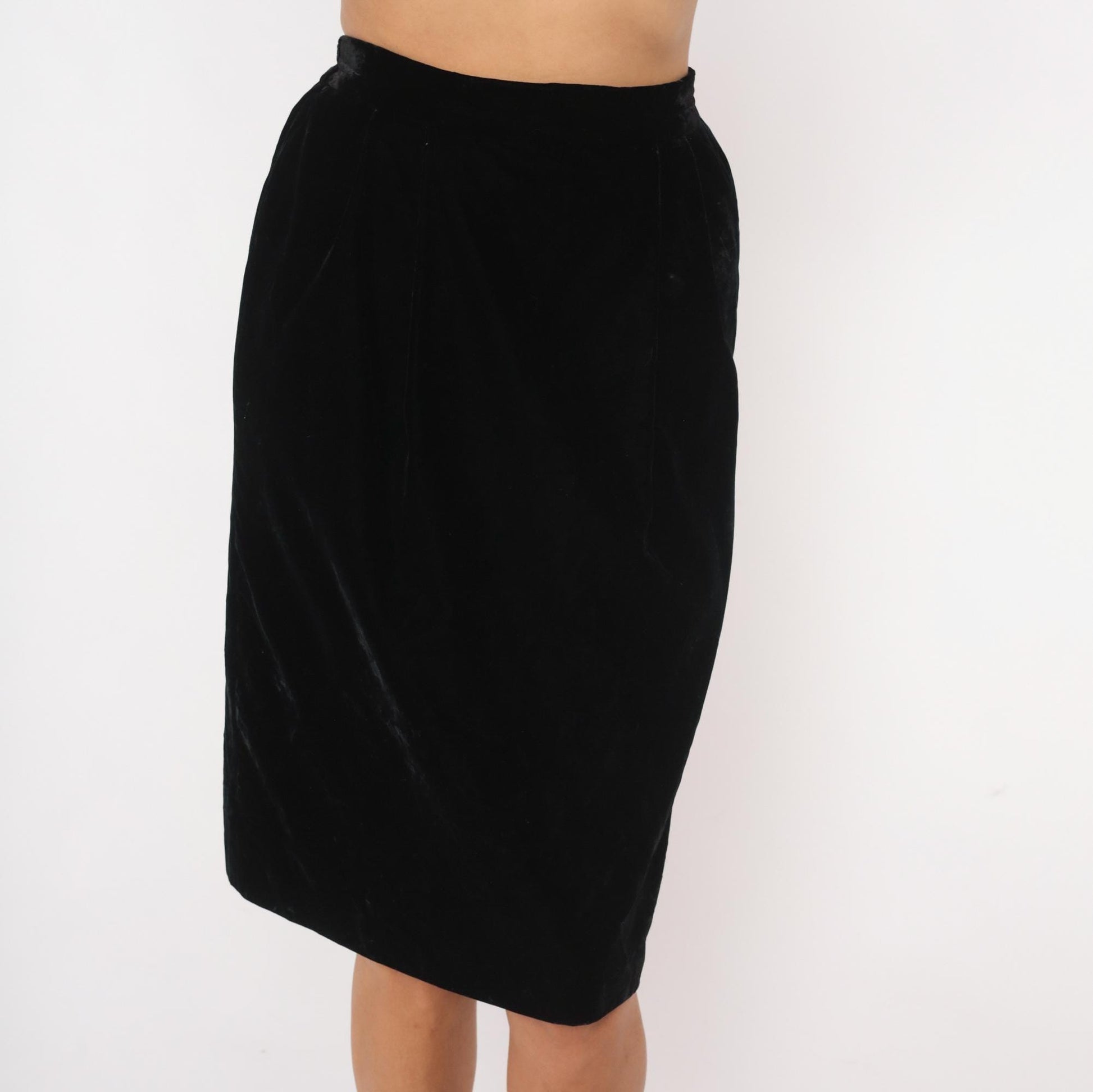 90s TanJay Black Velvet Pencil Skirt Knee-Length Small S