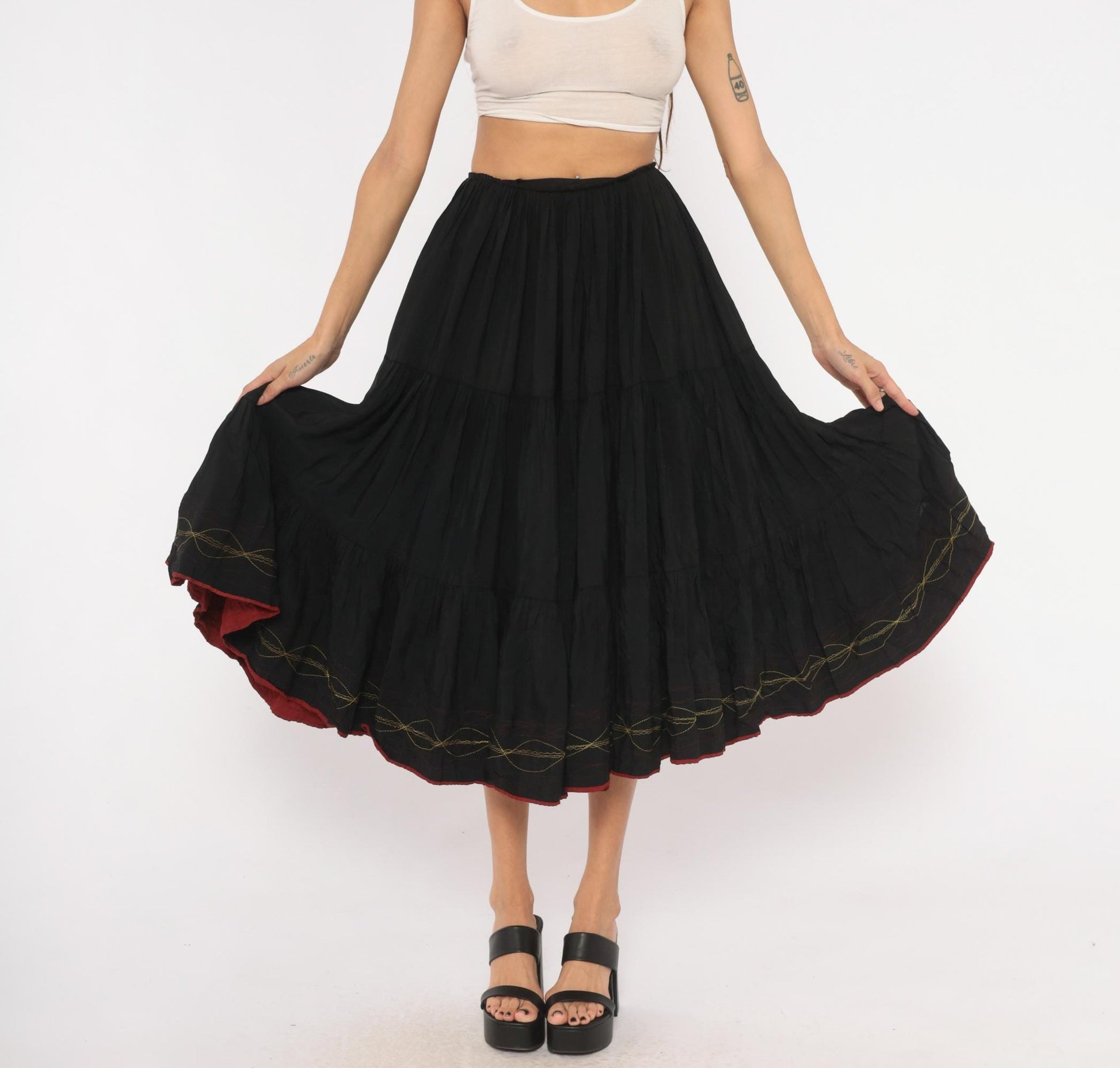60s Black Tiered Midi Skirt Gold Embroidered Gathered Waist Acetate Extra Small XS