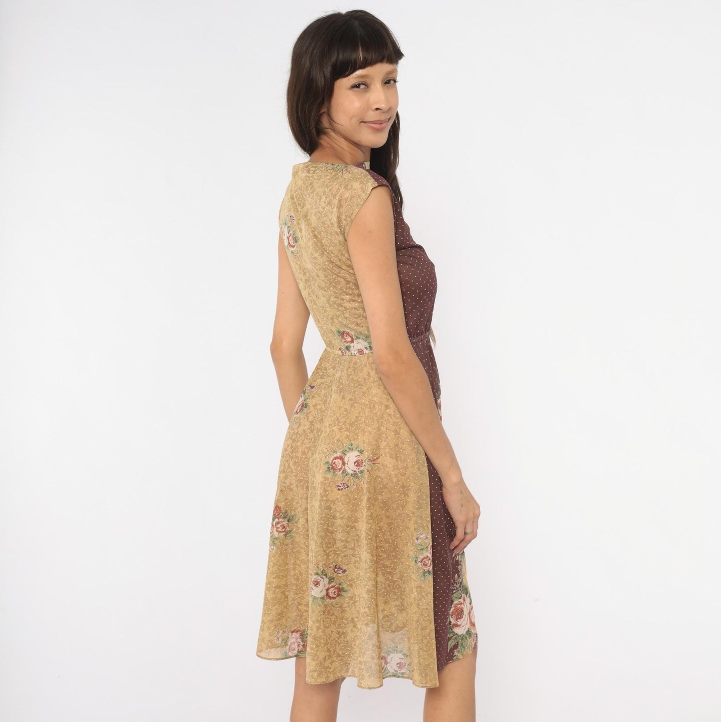 80s Melissa Petites Floral Polka Dot Dress Tan Burgundy Cap Sleeve Small