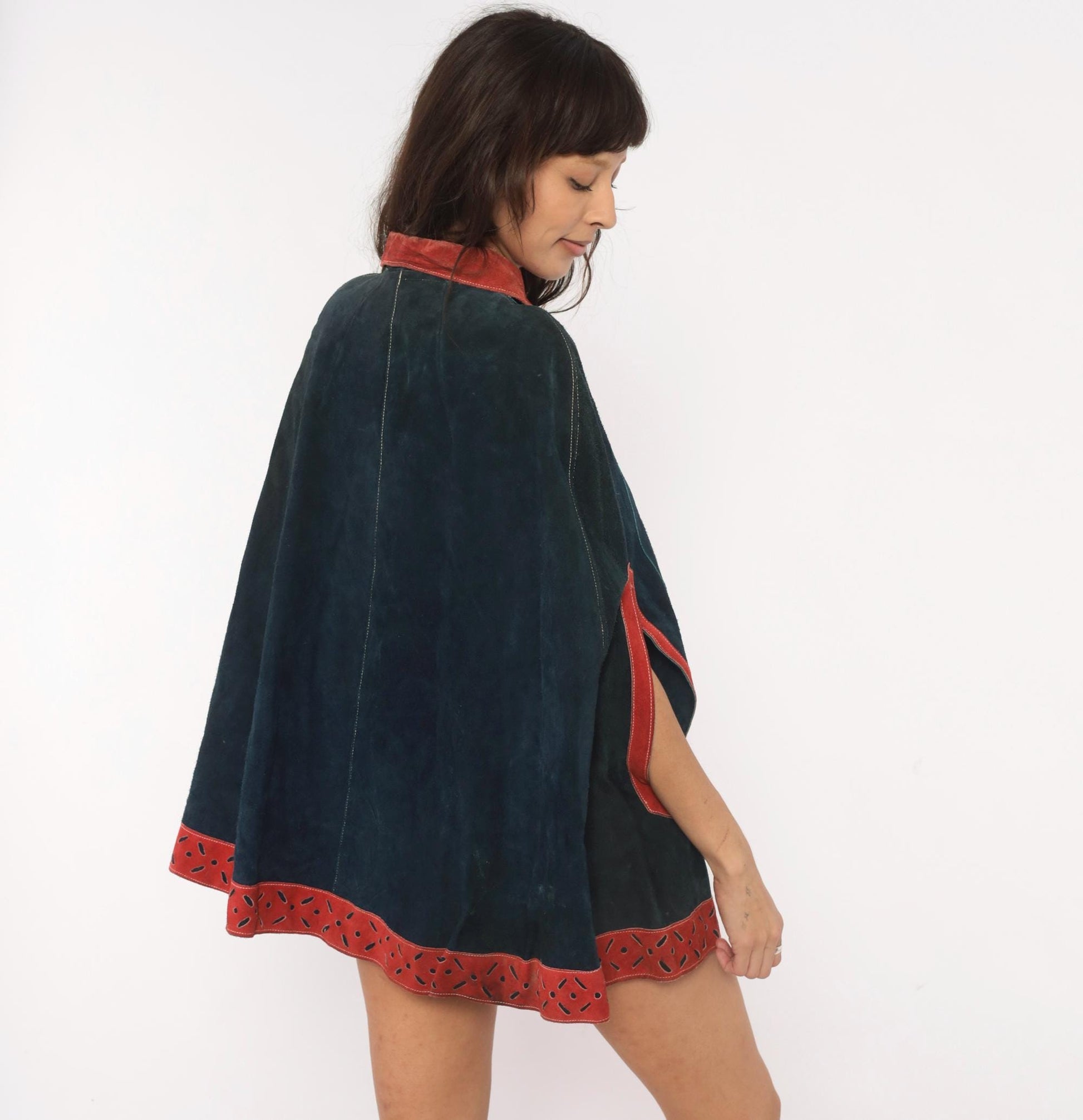 1970s Navy Suede Cape Red Leather Trim Peter Pan Collar Mod Poncho Small