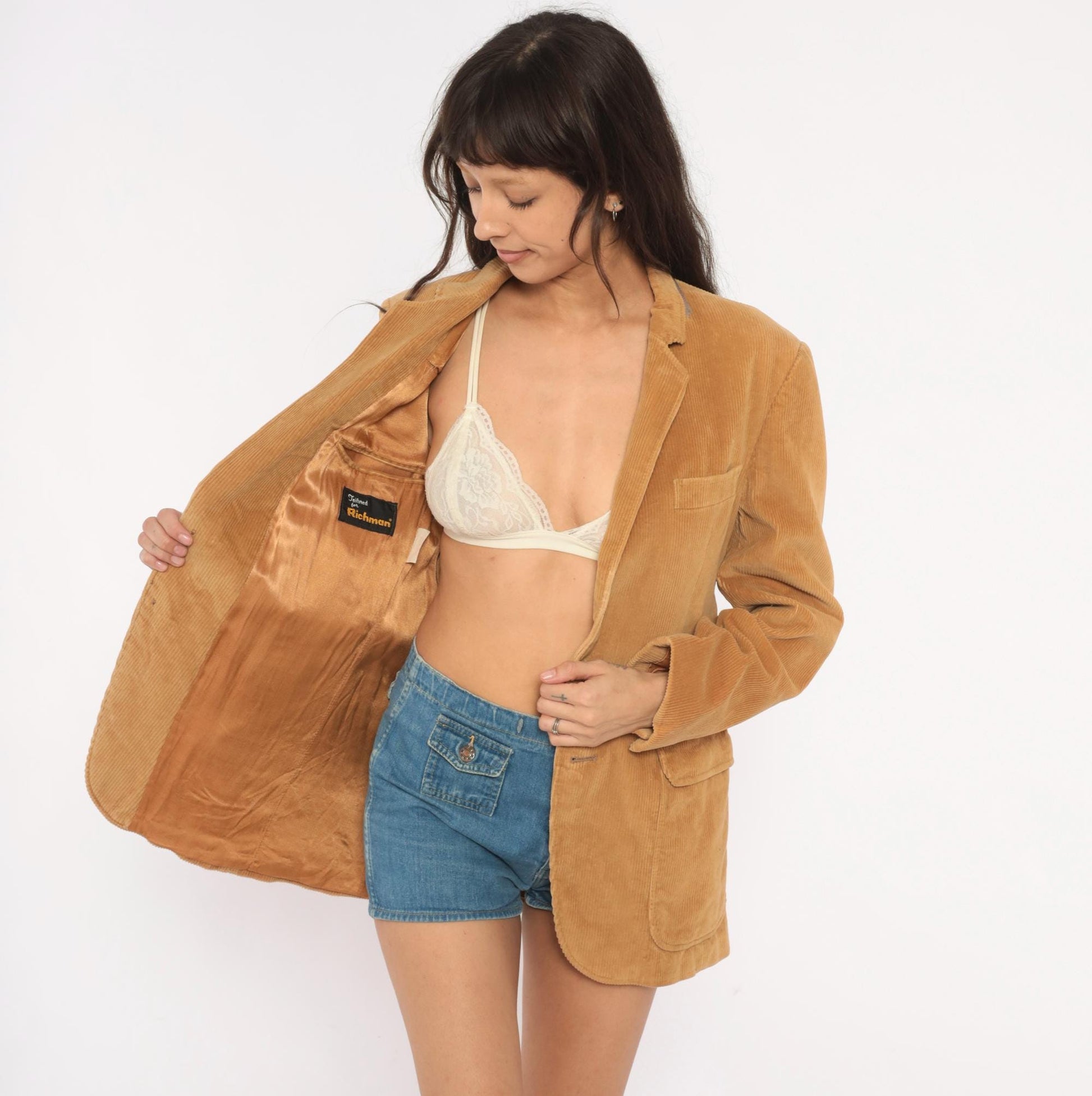 80s Richman Corduroy Blazer Tan Suede Elbow Patch Two Button Medium