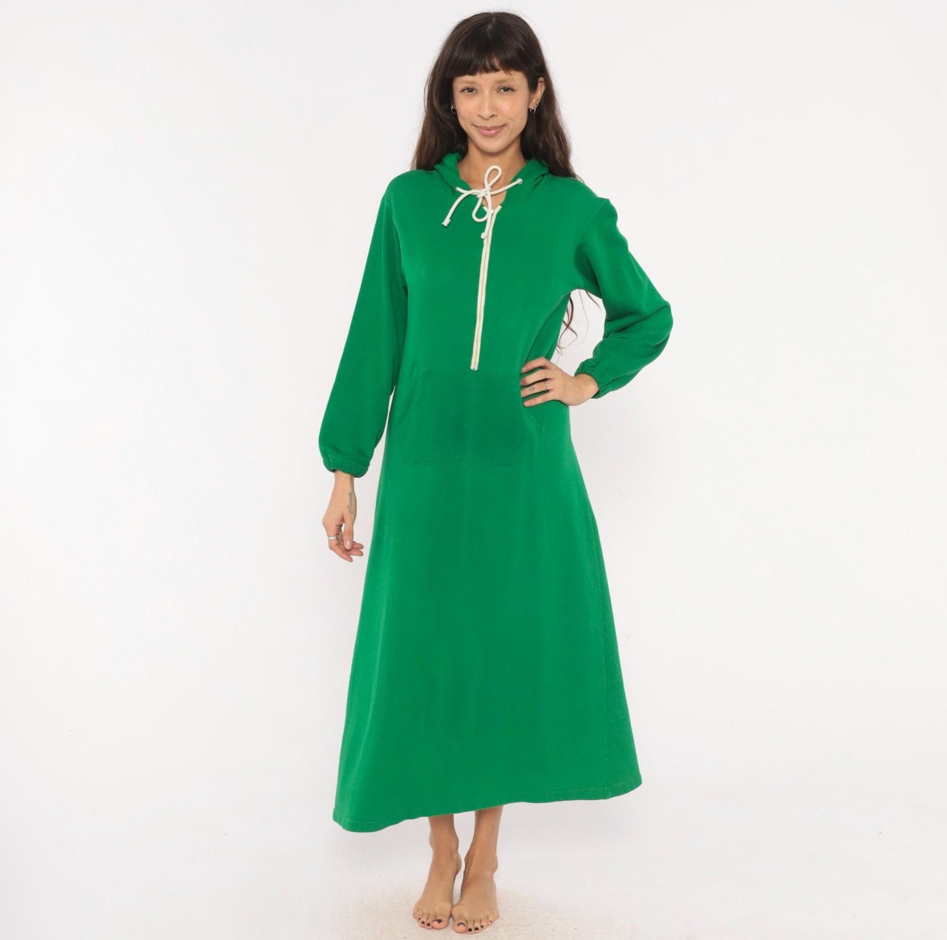 80s Sportwear Emerald Green Hooded Maxi Dress Half-Zip Balloon Sleeve Medium