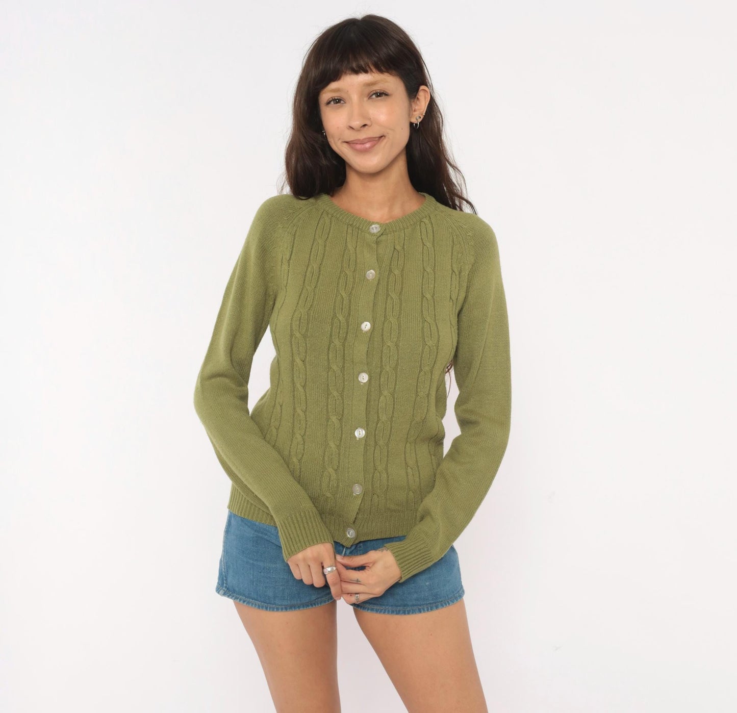 80s Olive Cable Knit Cardigan Crew Neck Button Front Raglan Sleeve Extra Small