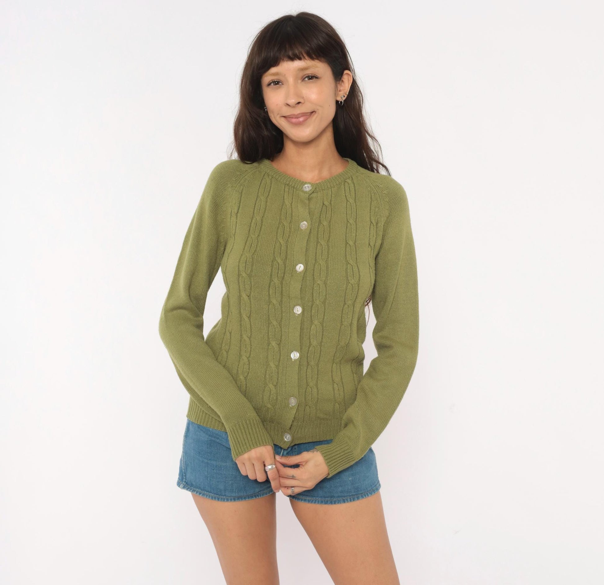 80s Olive Cable Knit Cardigan Crew Neck Button Front Raglan Sleeve Extra Small