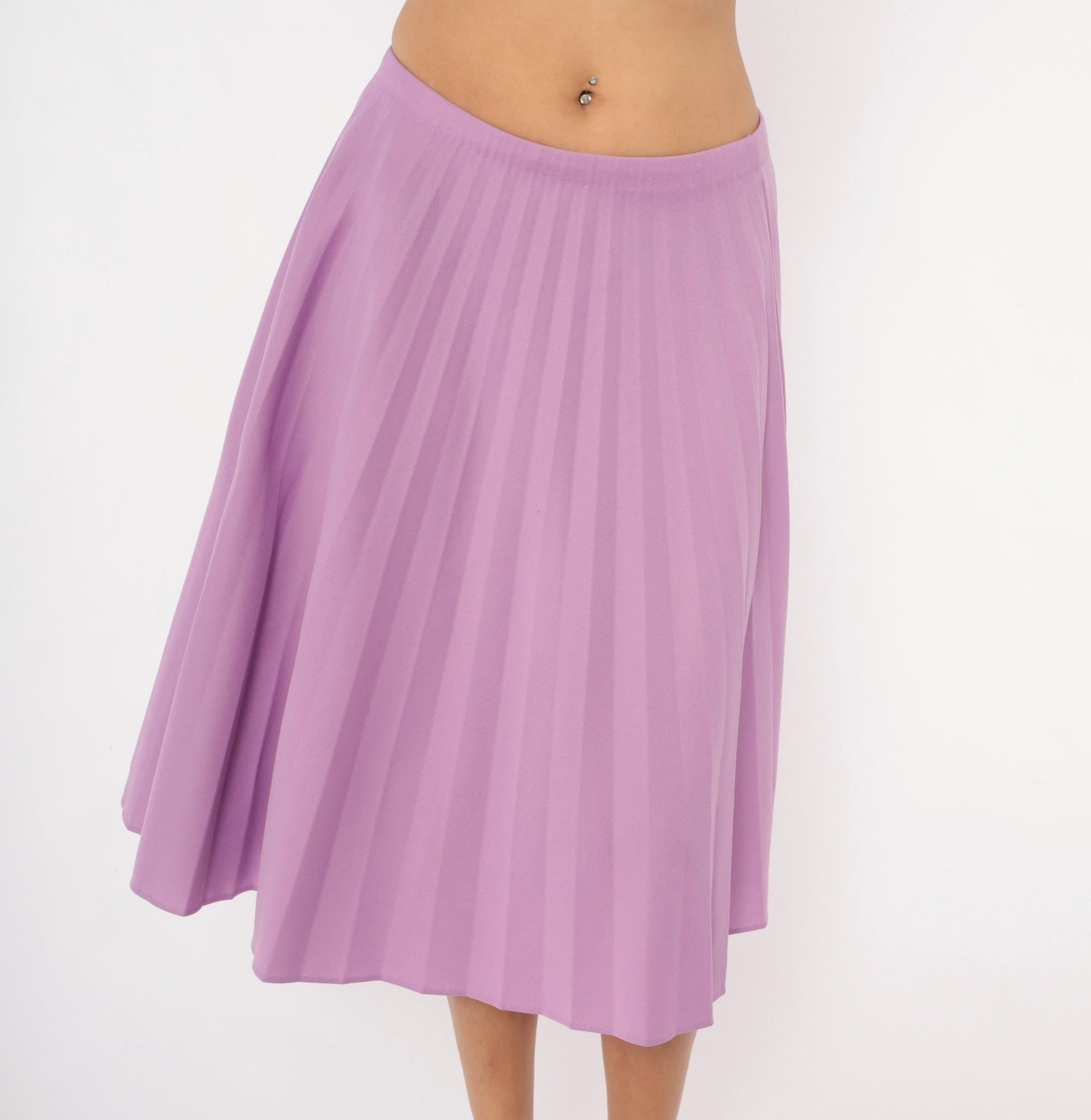 70s Lilac Pleated A-Line Skirt Purple Swing Elastic Waist Medium Large