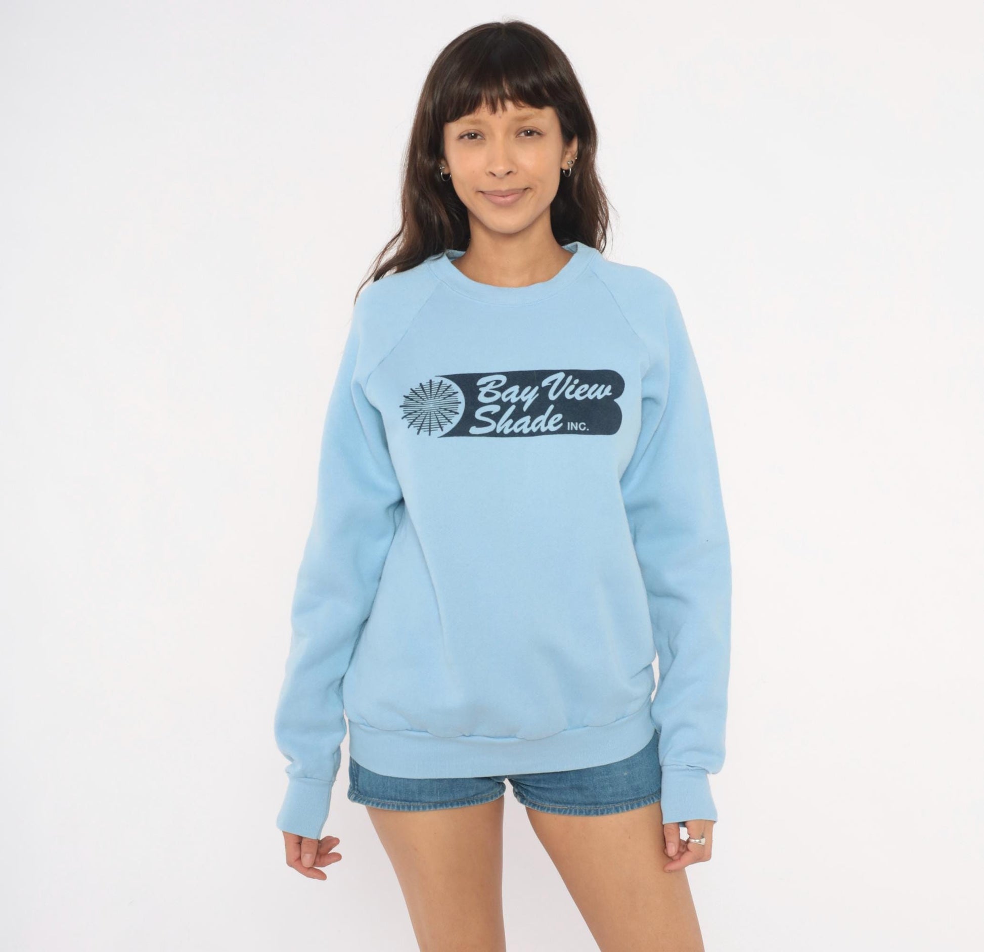80s Fruit of the Loom Bay View Shade Inc Raglan Sweatshirt Powder Blue Large L