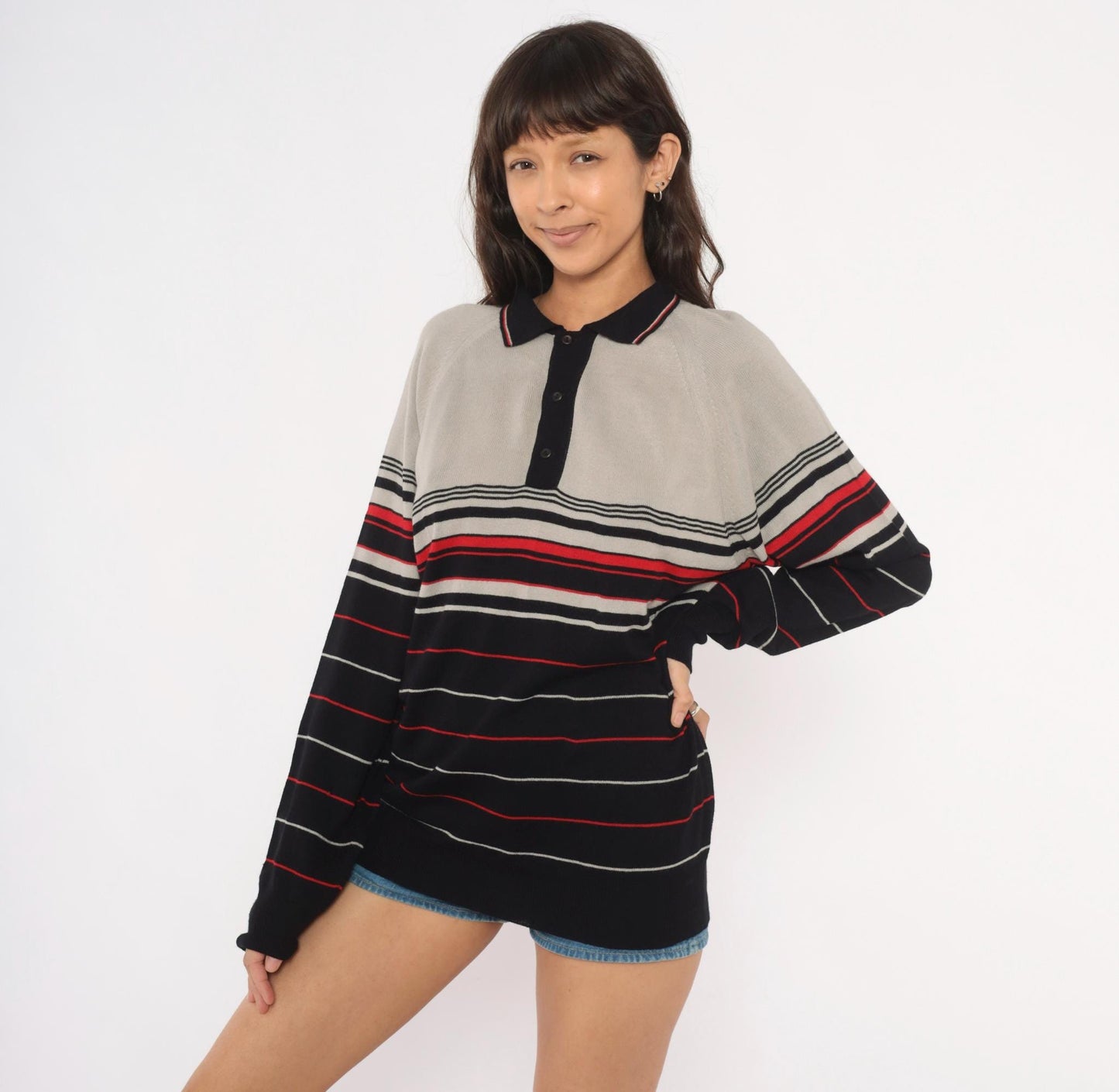 80s Colin Lt Marx Striped Polo Sweater Black Grey Red Raglan Knit Large