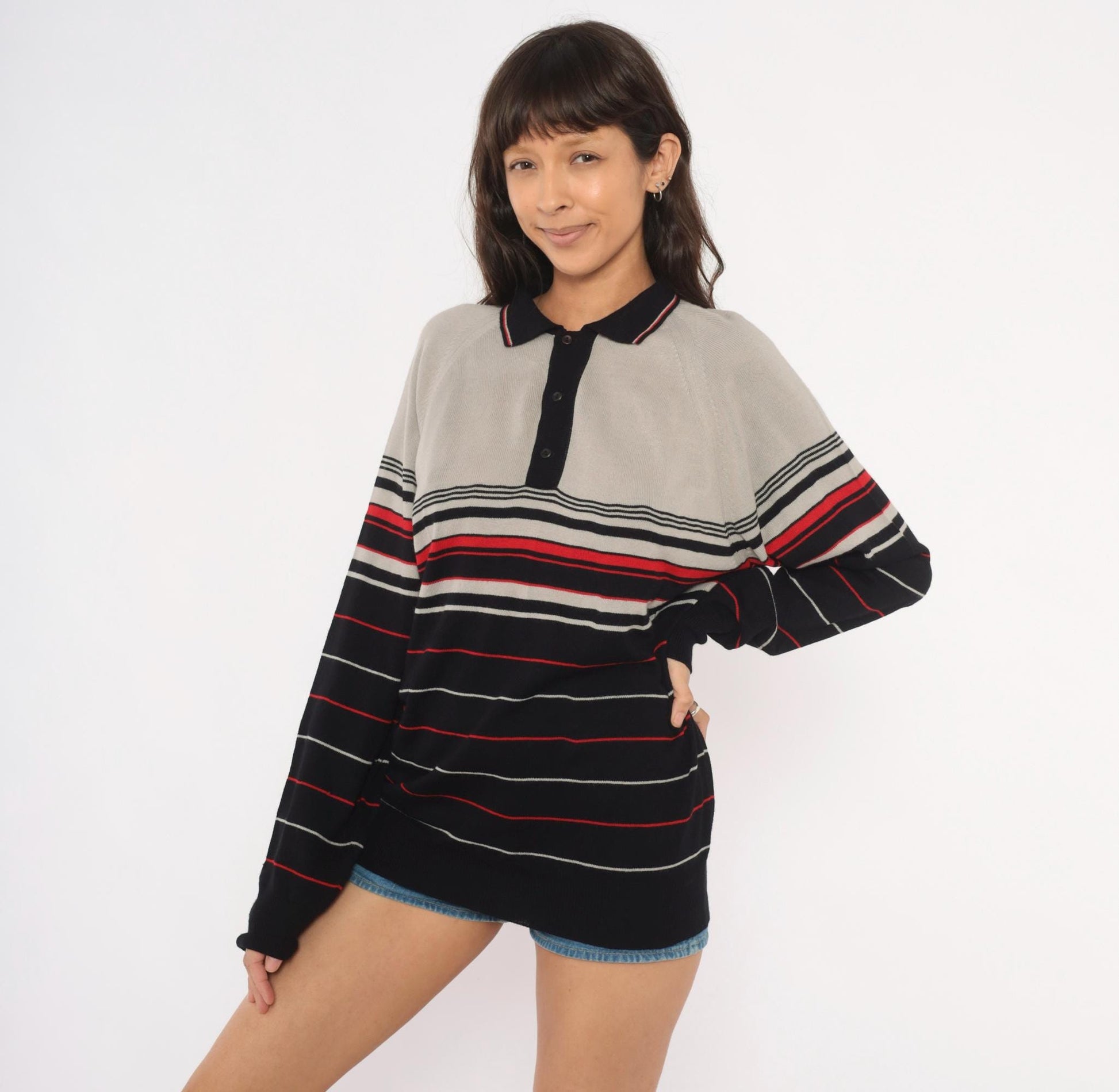 80s Colin Lt Marx Striped Polo Sweater Black Grey Red Raglan Knit Large
