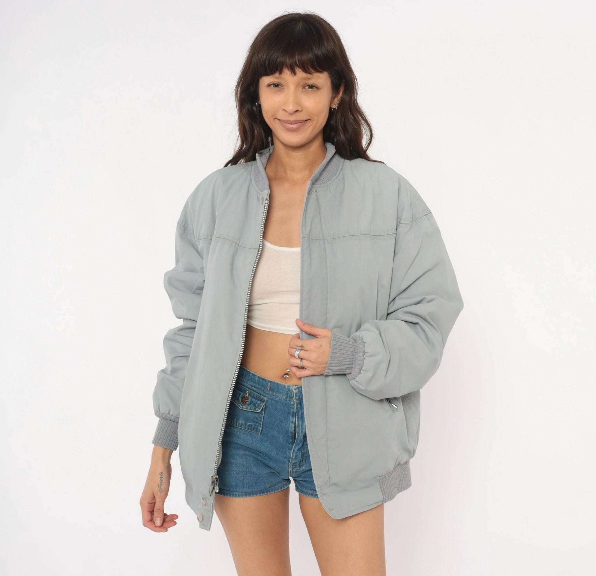 80s Catalina Varsity Bomber Jacket Grey Cotton Knit Collar Medium
