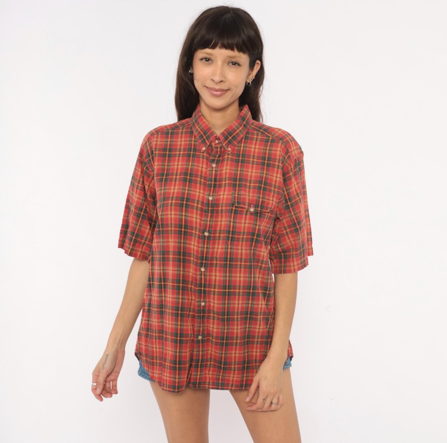 90s Resilio Red Plaid Cotton Button-Down Shirt Short Sleeve Small