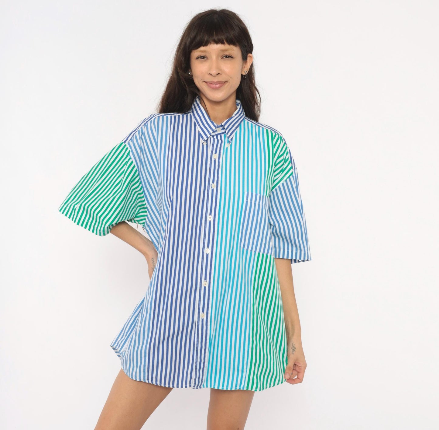 90s Van Heusen Multi-Stripe Patchwork Cotton Button-Up Shirt Large L