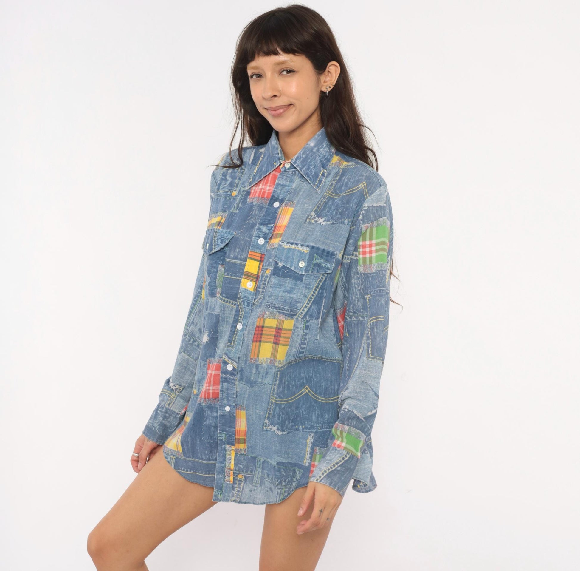 70s Permanent Press Patchwork Denim Print Shirt Madras Plaid Blue Yellow Medium