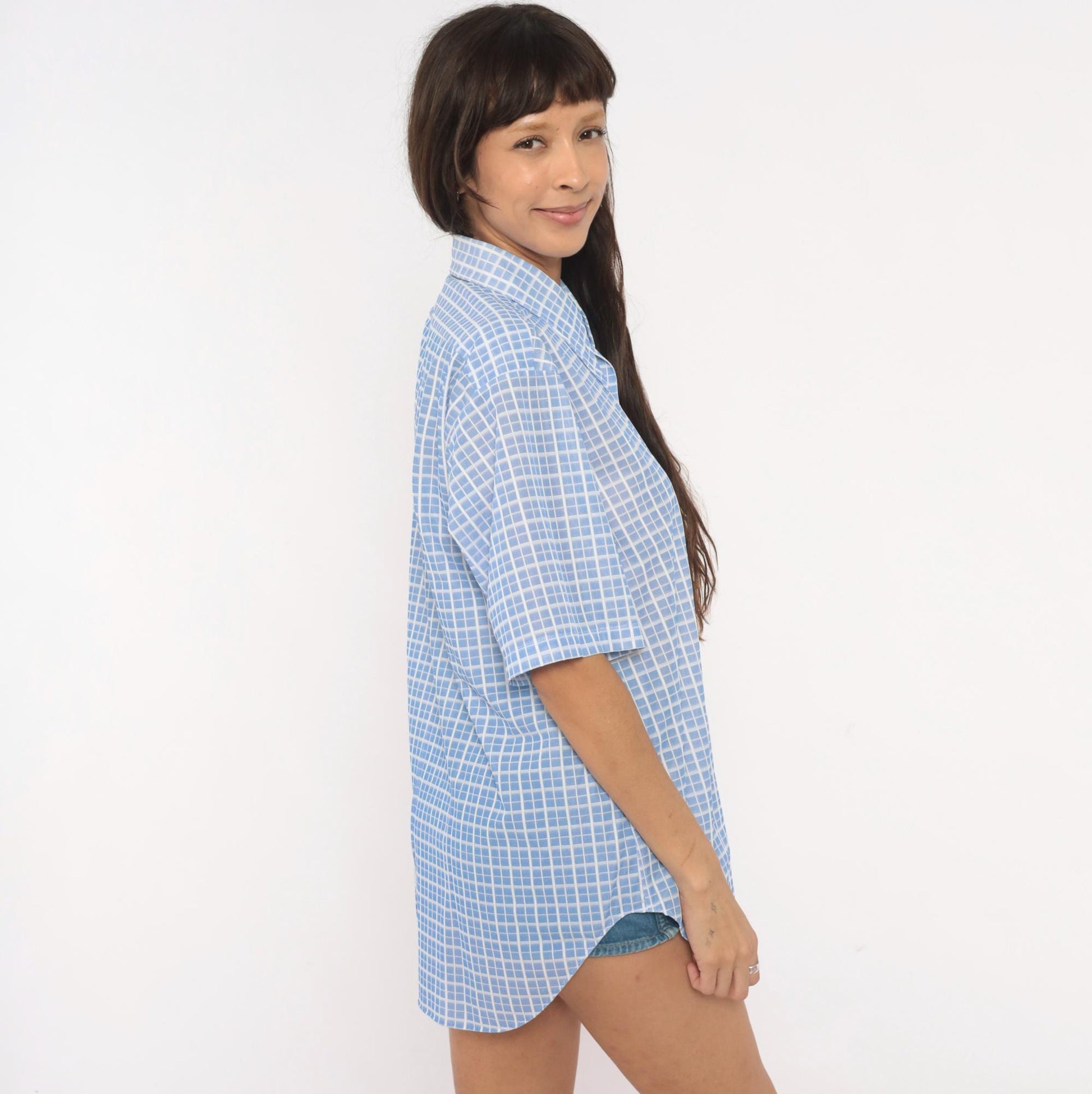 70s Dectolene Blue Windowpane Grid Check Shirt Pointed Collar Extra Large
