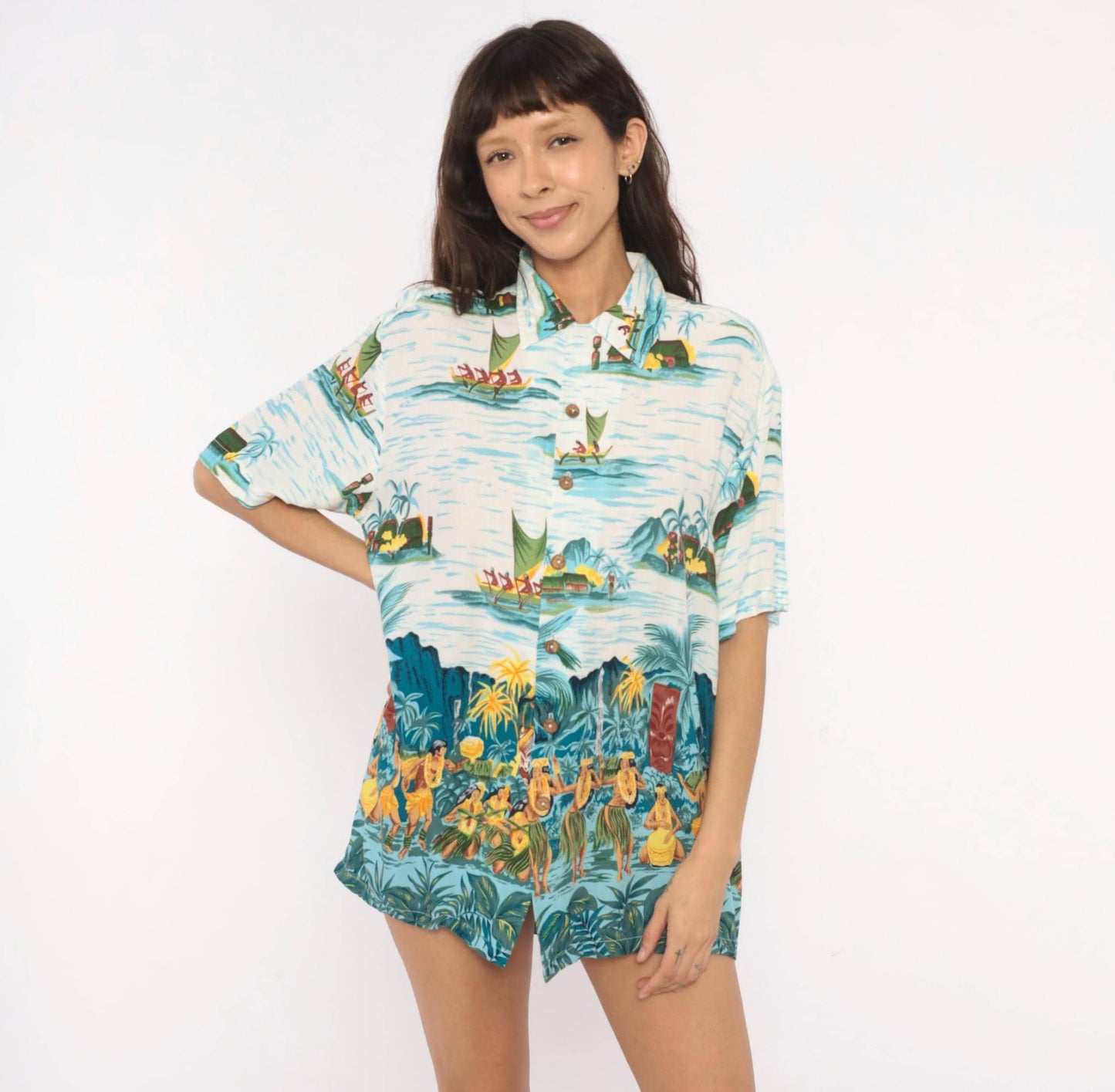 90s Kennington Ltd Hawaiian Shirt Polynesian Island Scene Blue Rayon Medium
