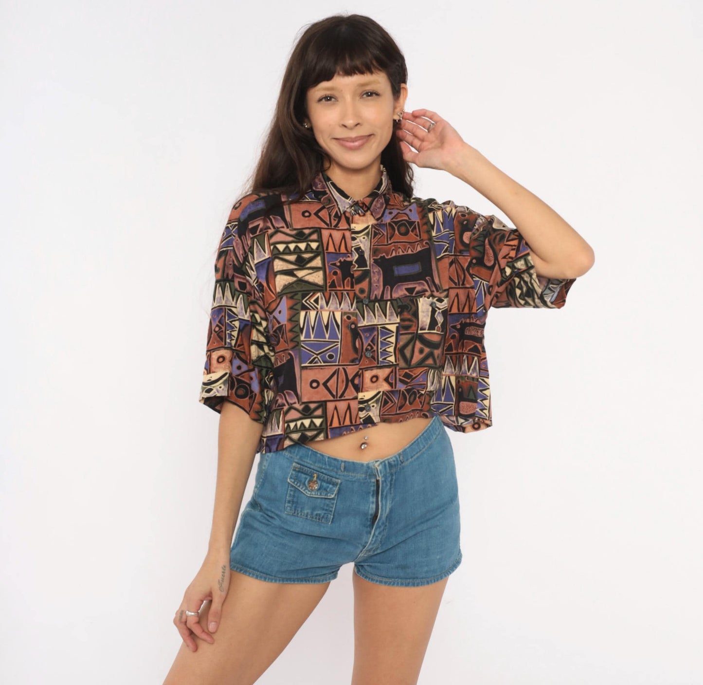 90s Chiamare Abstract Crop Top Shirt Button Front Collared Blouse Brown Purple Geometric Large L