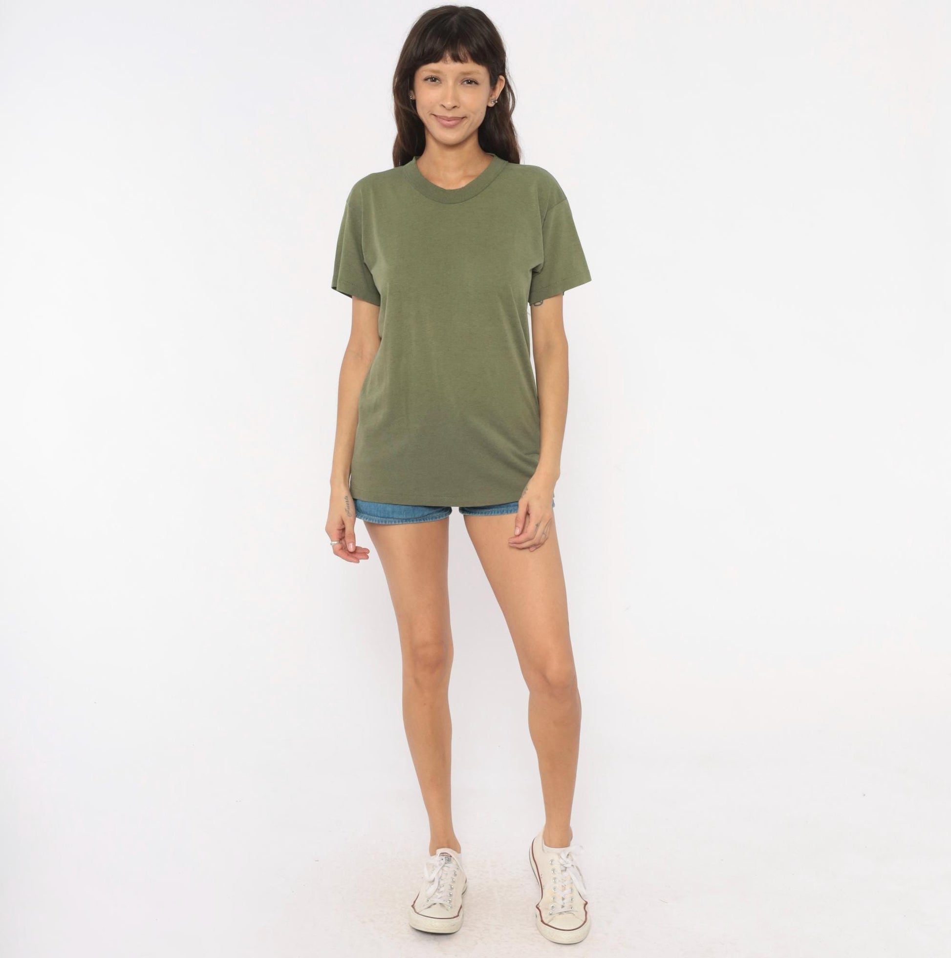 80s Olive Green Cotton Crew Neck Tee Blank Plain Unisex Medium